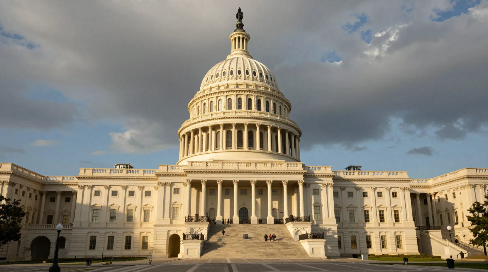 The United States Capitol building at dusk with dramatic storm clouds gathering overhead, symbolizing the looming government shutdown deadline