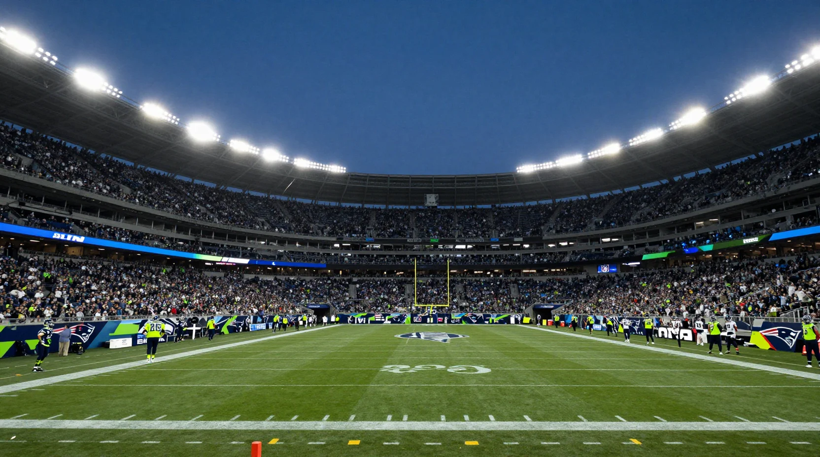 Dramatic Super Bowl stadium scene at twilight with powerful floodlights illuminating the field