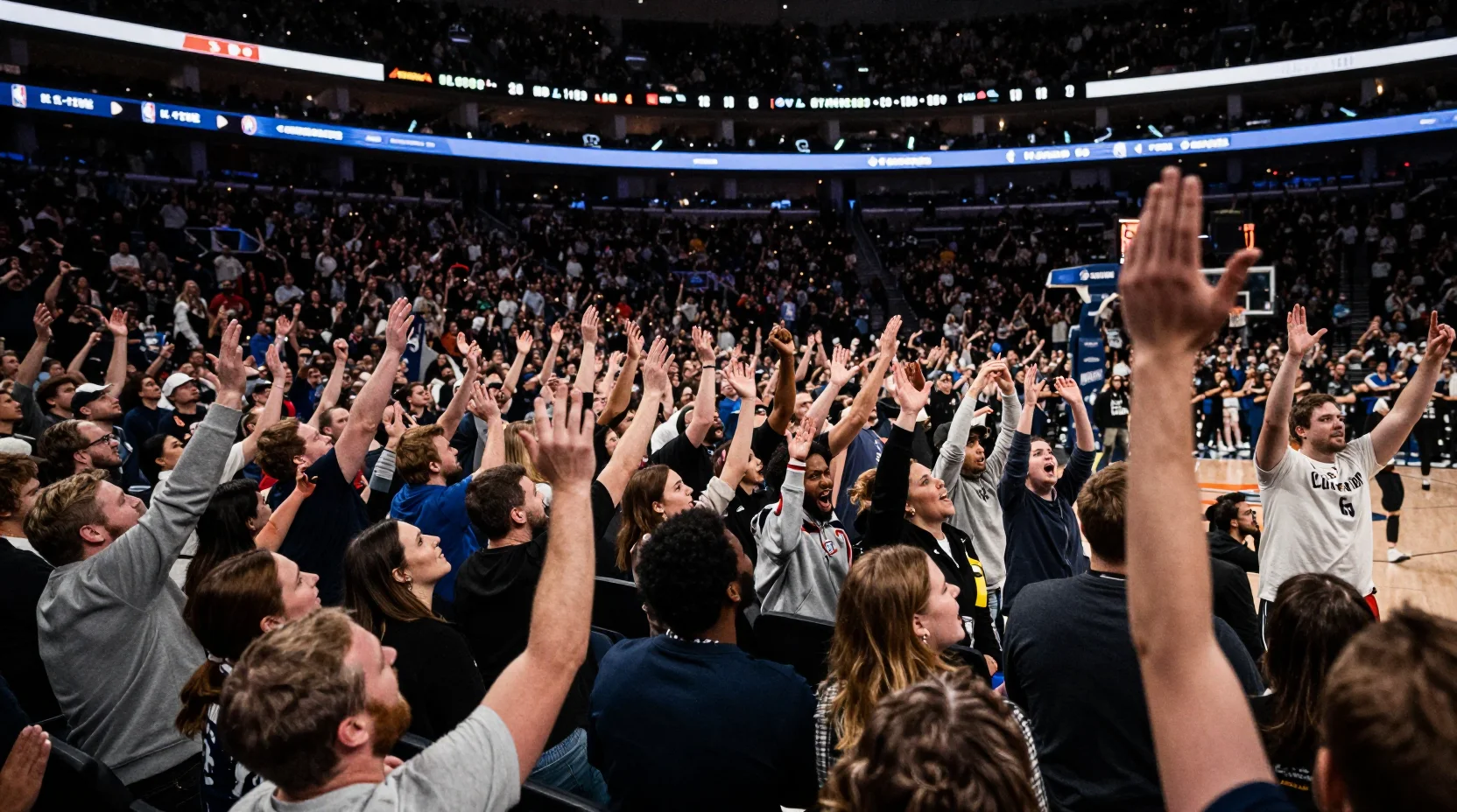 Packed NBA arena with electric atmosphere during intense game moment