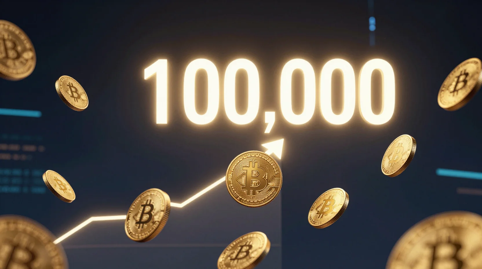 Bitcoin ascending toward ,000 milestone with golden coins and digital light trails