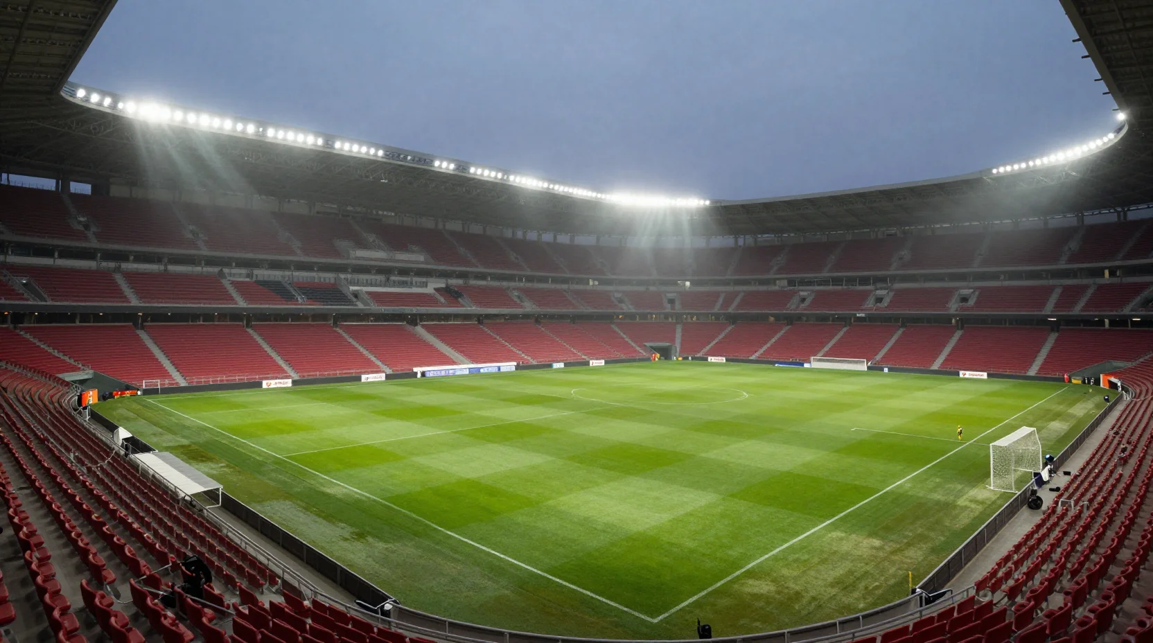 La Liga stadium at dusk with floodlights illuminating the pitch under evening sky