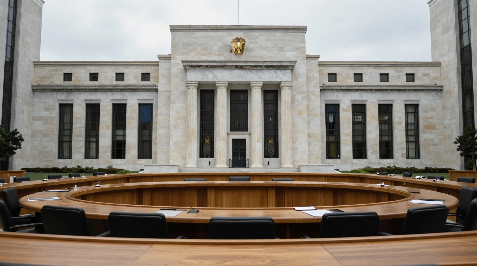 Federal Reserve boardroom with empty leather chairs and natural light streaming through tall windows, symbolizing the weight of monetary policy decisions