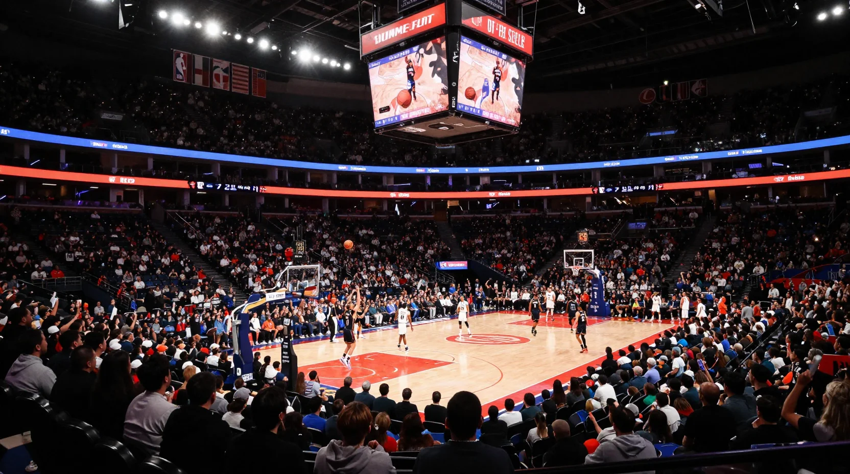 NBA arena scene showing intense basketball action with passionate 76ers fans