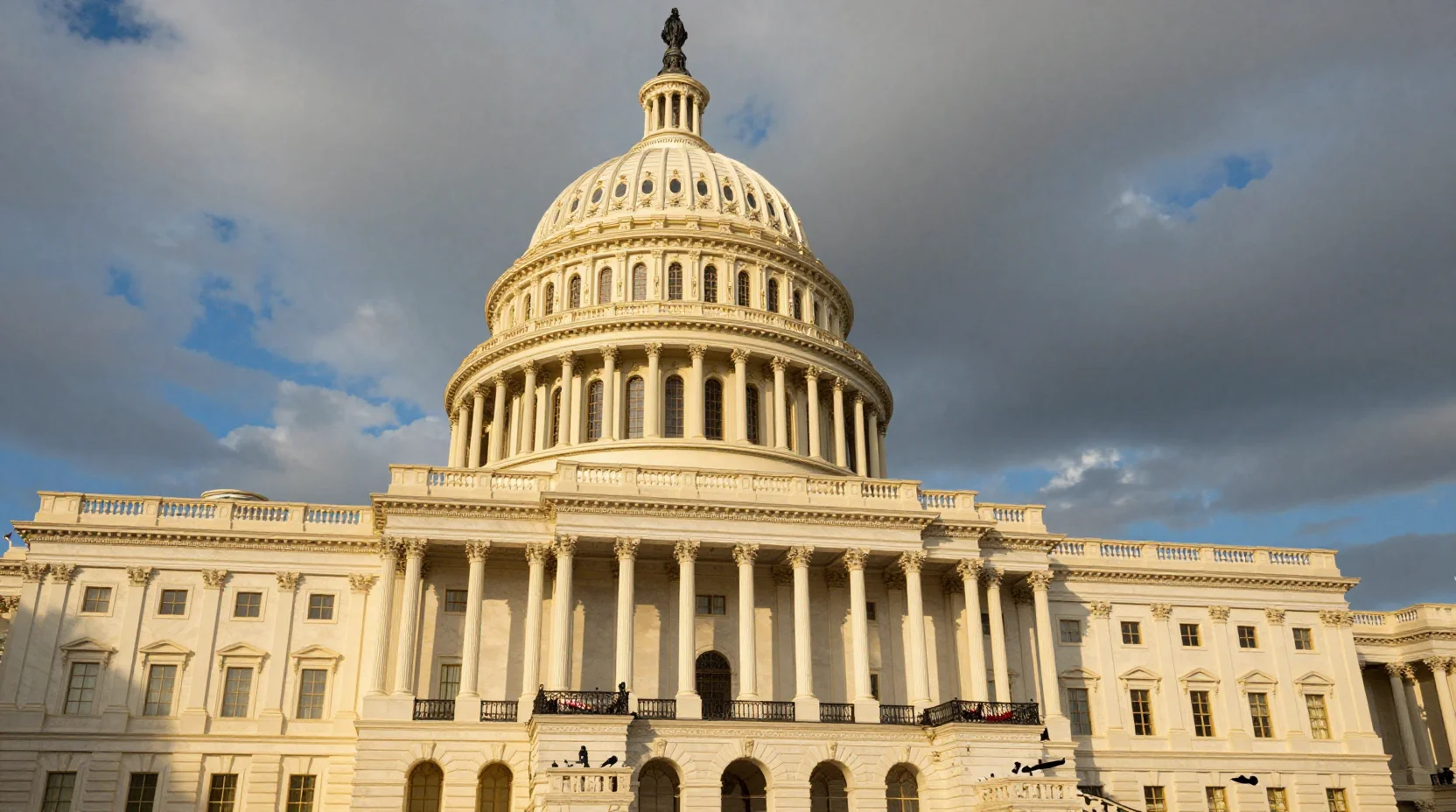 US Capitol building at golden hour with dramatic sky