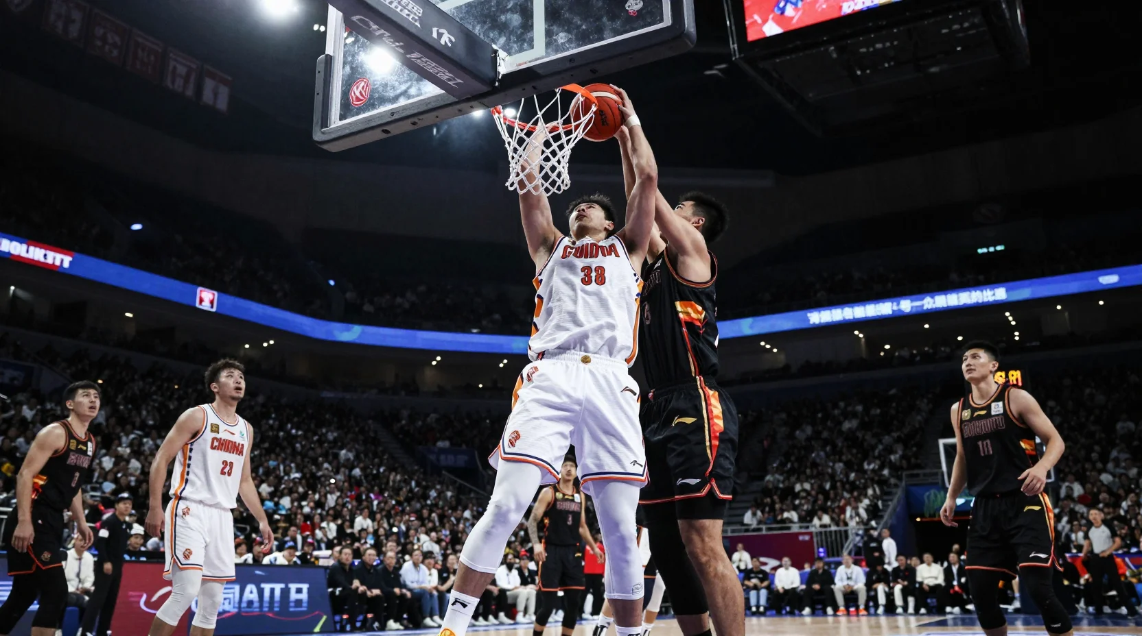 NBA arena scene showing intense basketball matchup with crowd energy