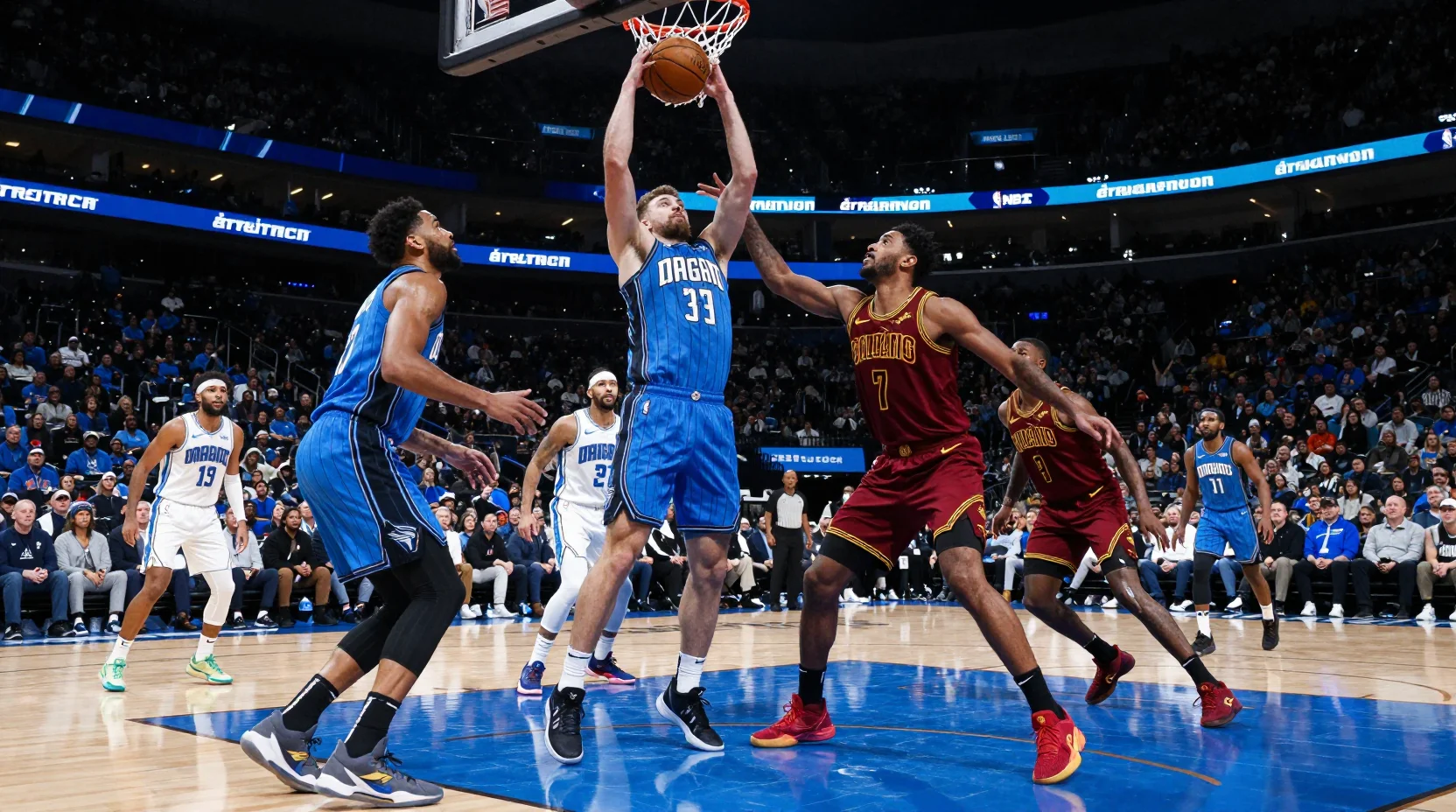 NBA arena scene showing Orlando Magic vs Cleveland Cavaliers game action
