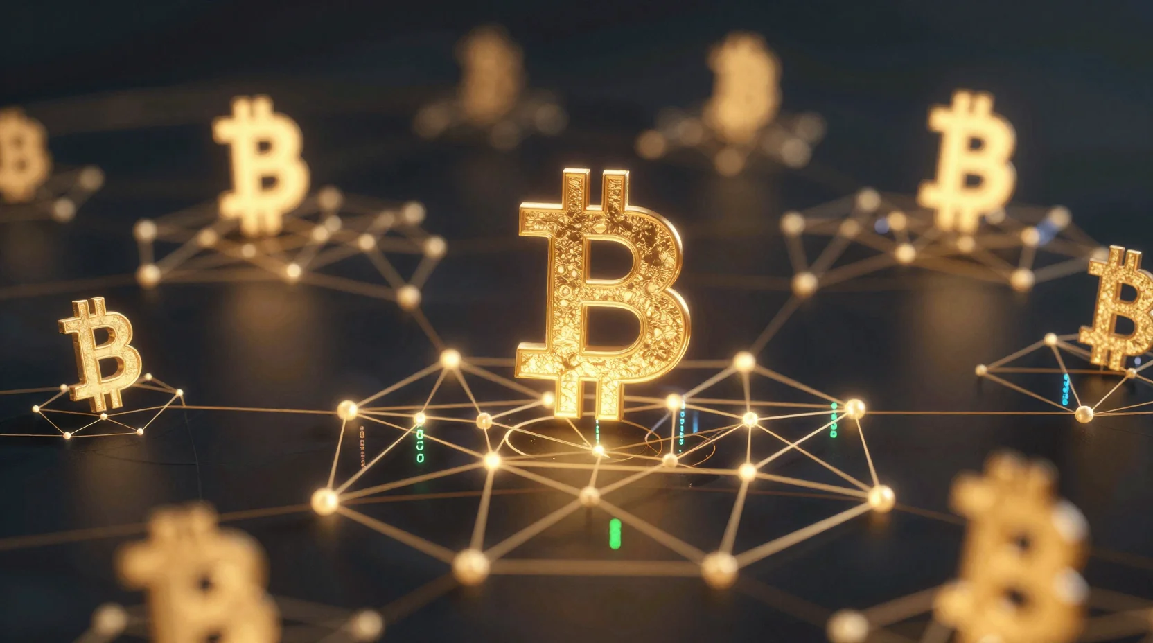 Digital landscape with golden Bitcoin symbols ascending toward ,000 threshold