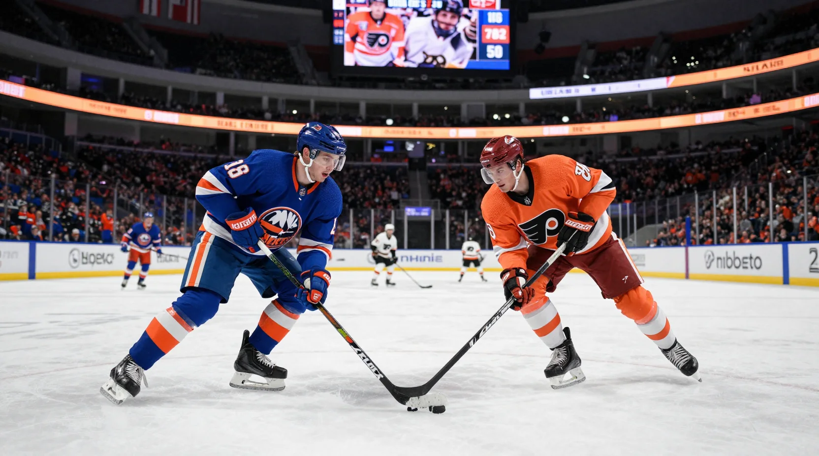 Dramatic NHL game scene with Islanders and Flyers players battling for the puck