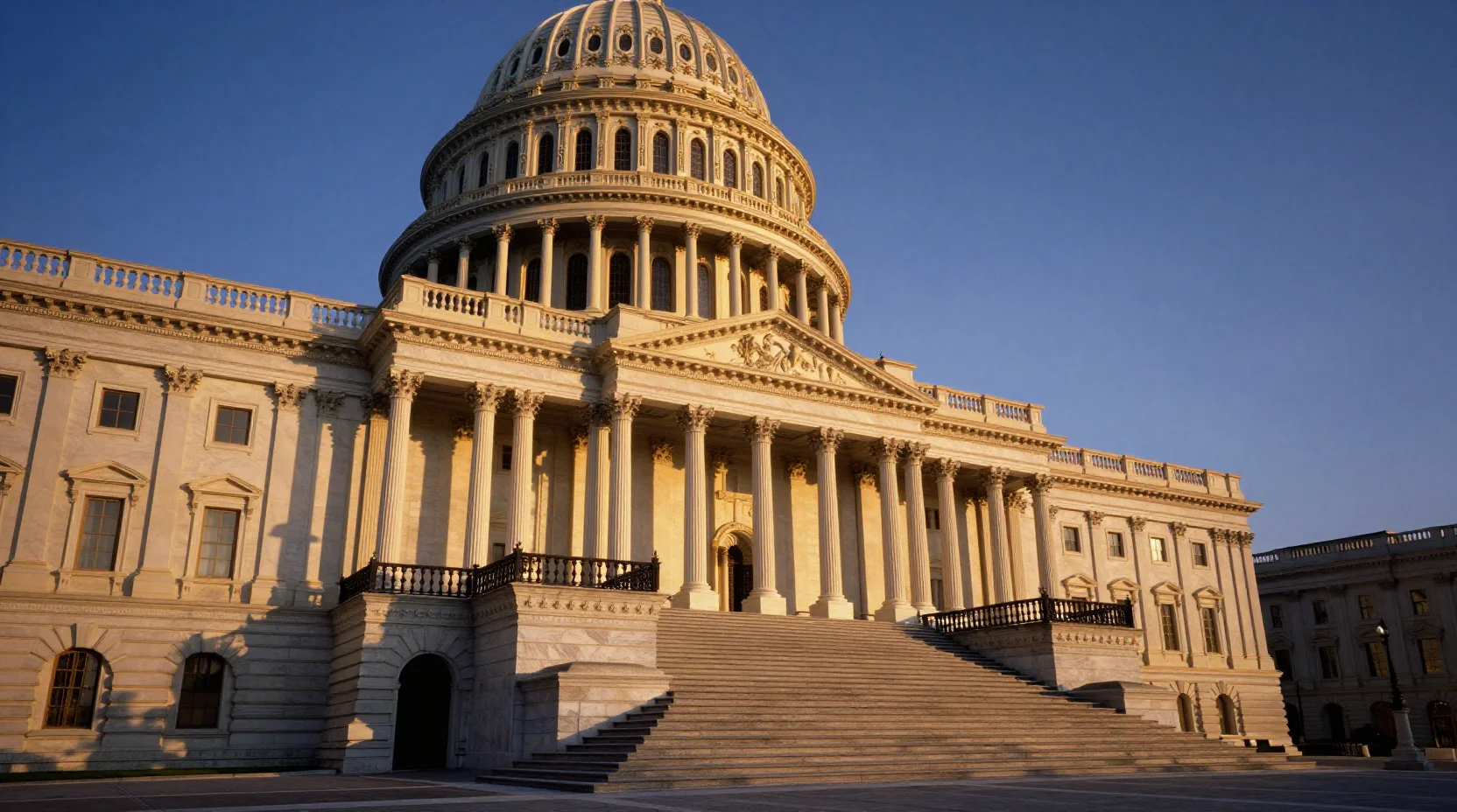 United States Capitol building at dusk with dramatic storm clouds approaching, symbolizing government uncertainty