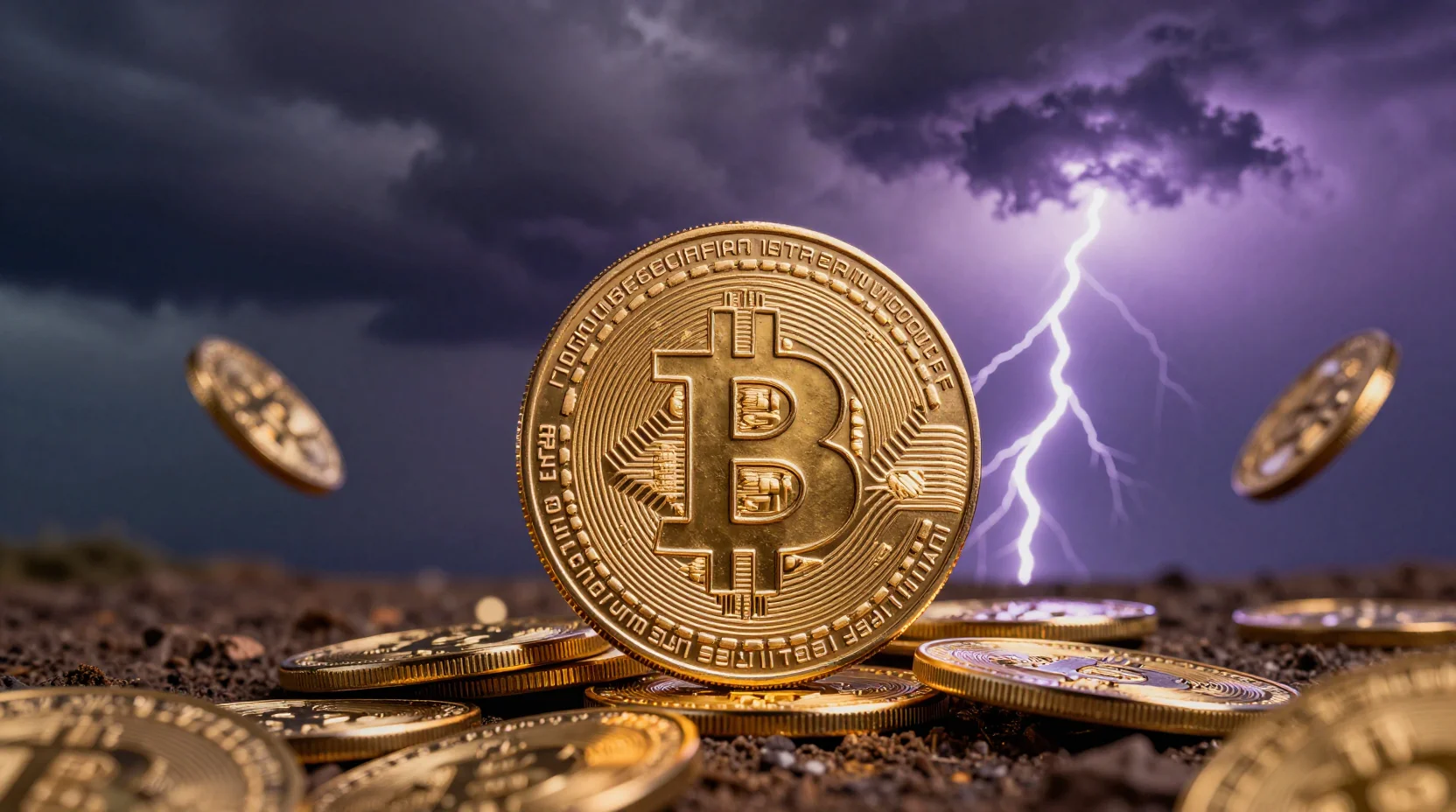 Bitcoin's price struggle amid storm clouds - golden coins against dark purple sky