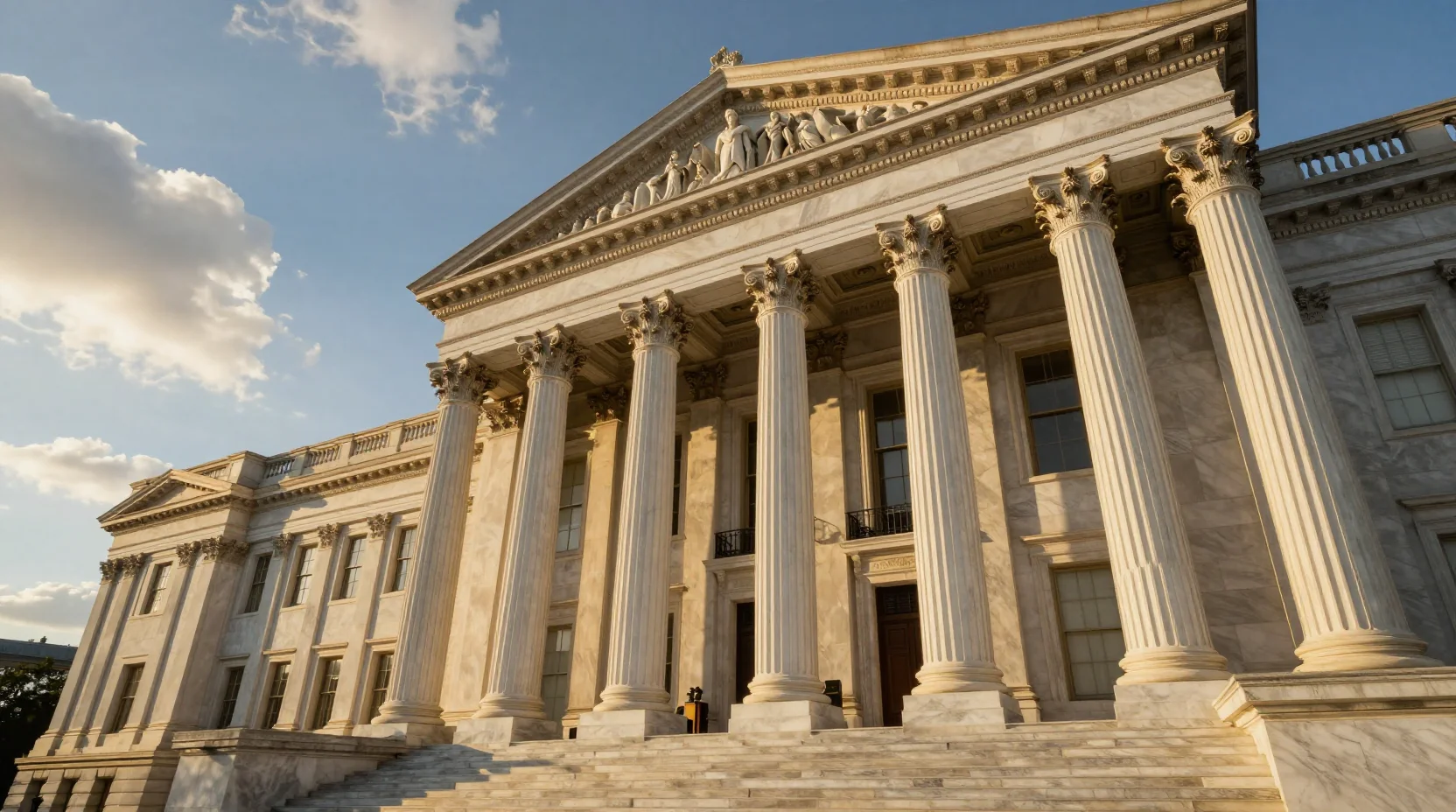 Federal Reserve building at golden hour, representing institutional stability and monetary authority