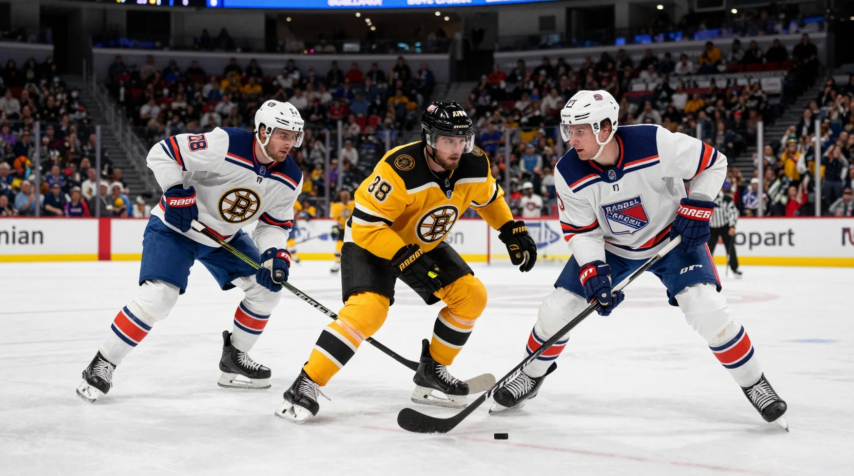 Dramatic NHL hockey scene showing the intensity of a Bruins-Rangers rivalry game at Madison Square Garden