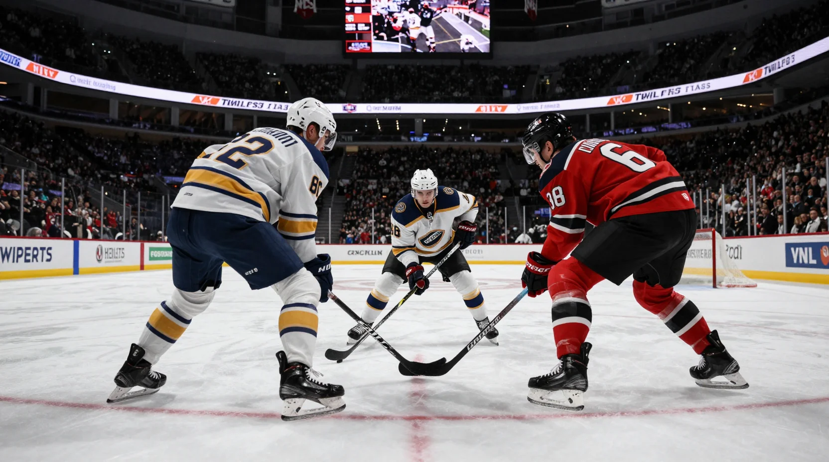 NHL hockey arena scene with Utah Hockey Club facing Tampa Bay Lightning in an intense face-off moment
