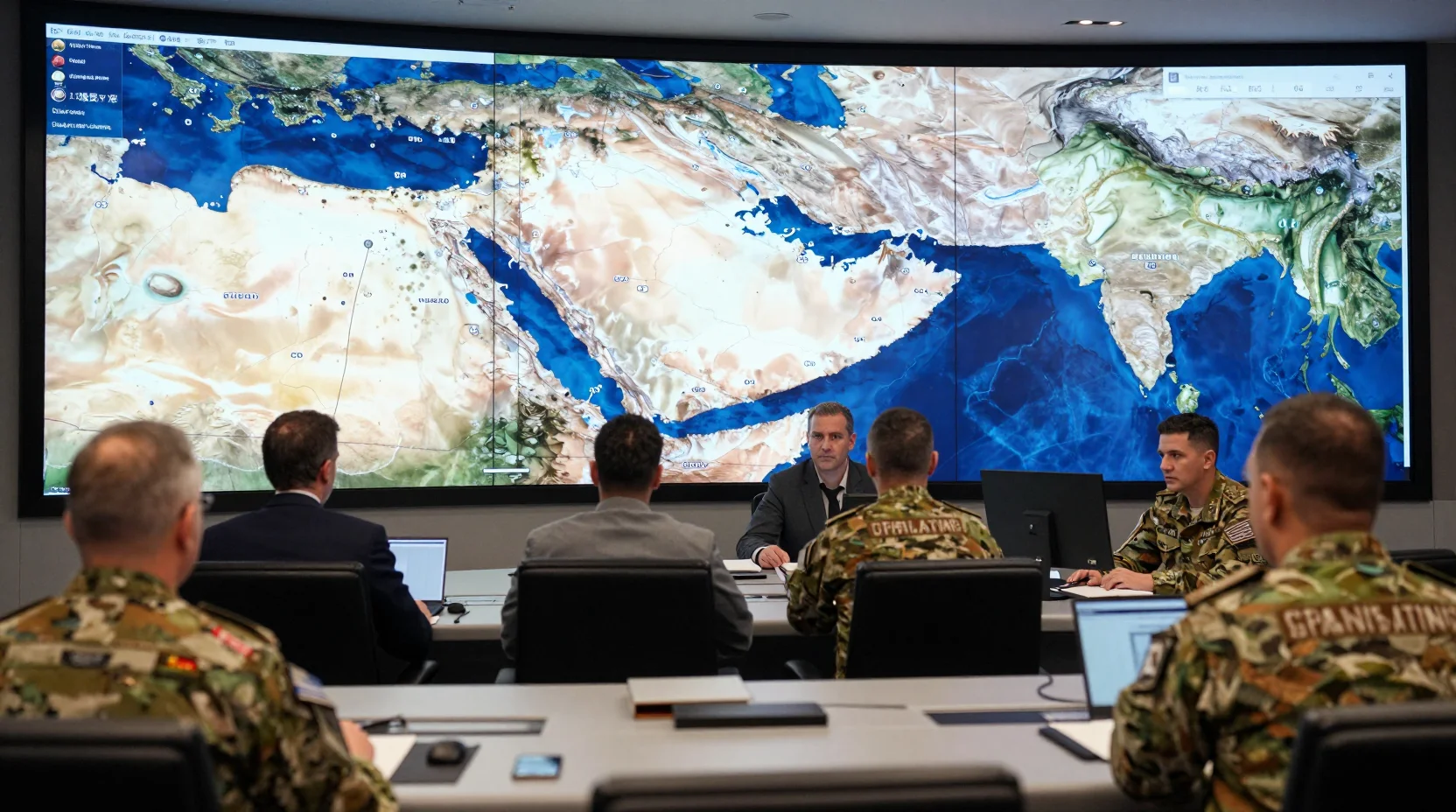 Geopolitical situation room analyzing potential military action