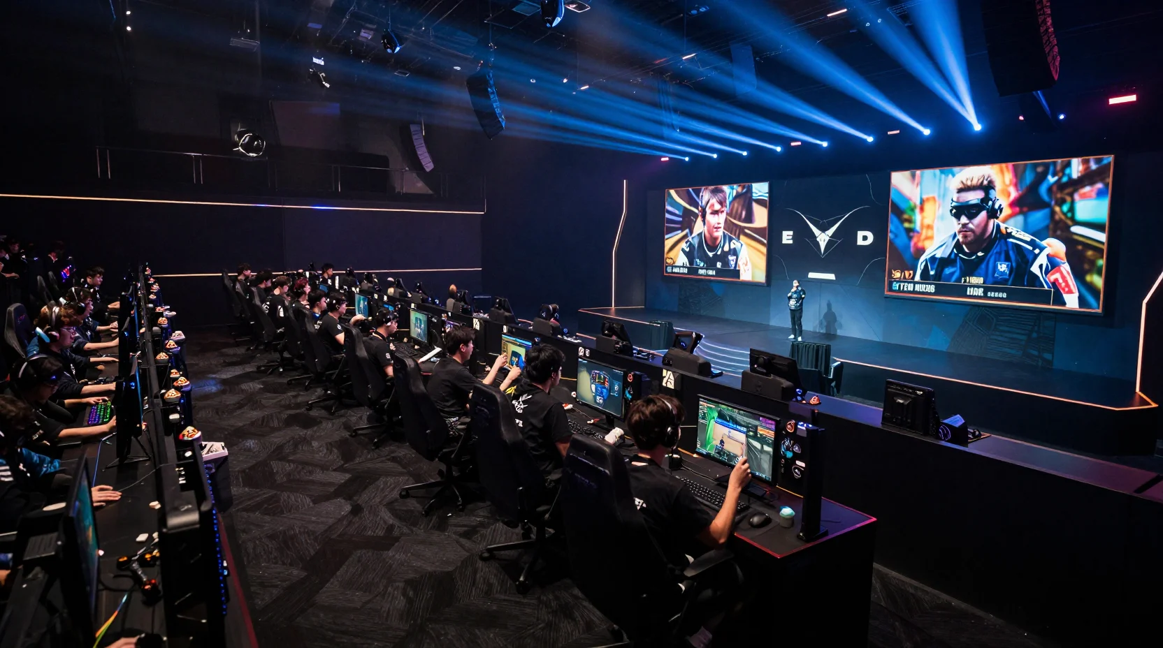 High-energy esports arena during League of Legends championship match with glowing abilities and passionate crowd