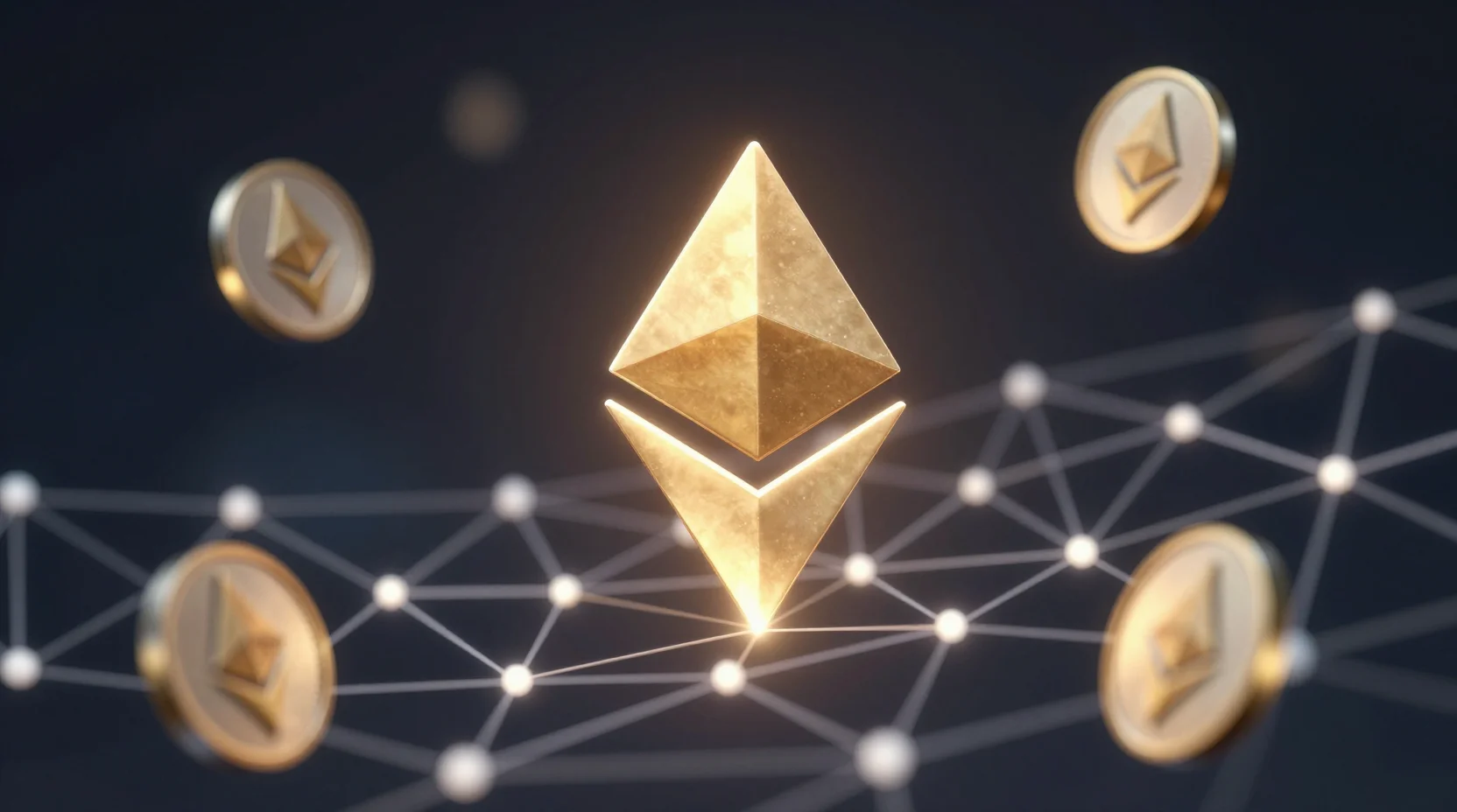 Ethereum digital network visualization with glowing nodes and blockchain architecture