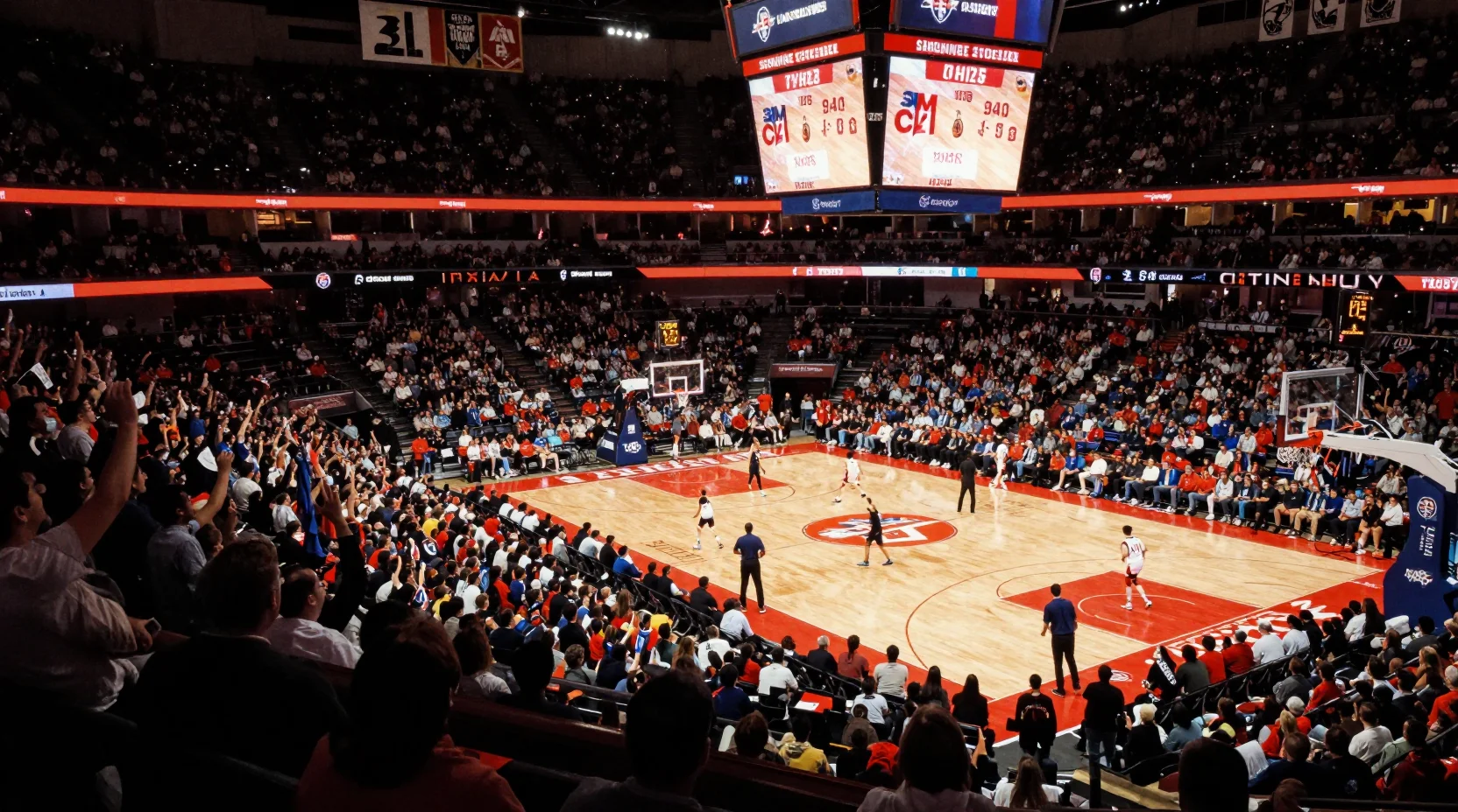 College basketball arena scene showing Arizona Wildcats and BYU Cougars fan bases