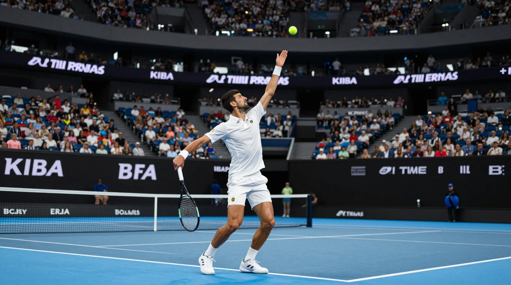 Novak Djokovic serving at the Australian Open under bright floodlights