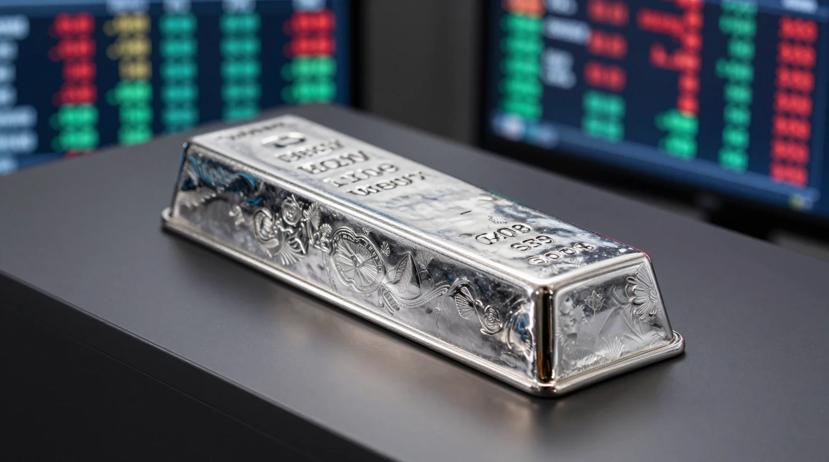 Silver bar on trading desk with market data displays