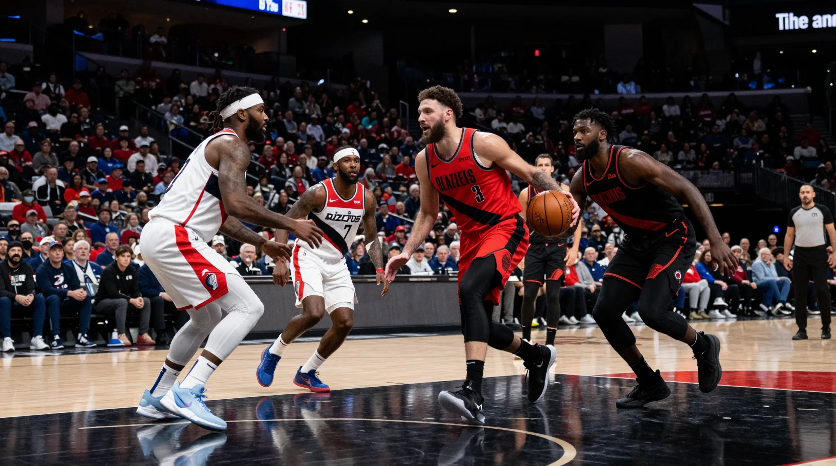 Basketball arena scene with intense game action