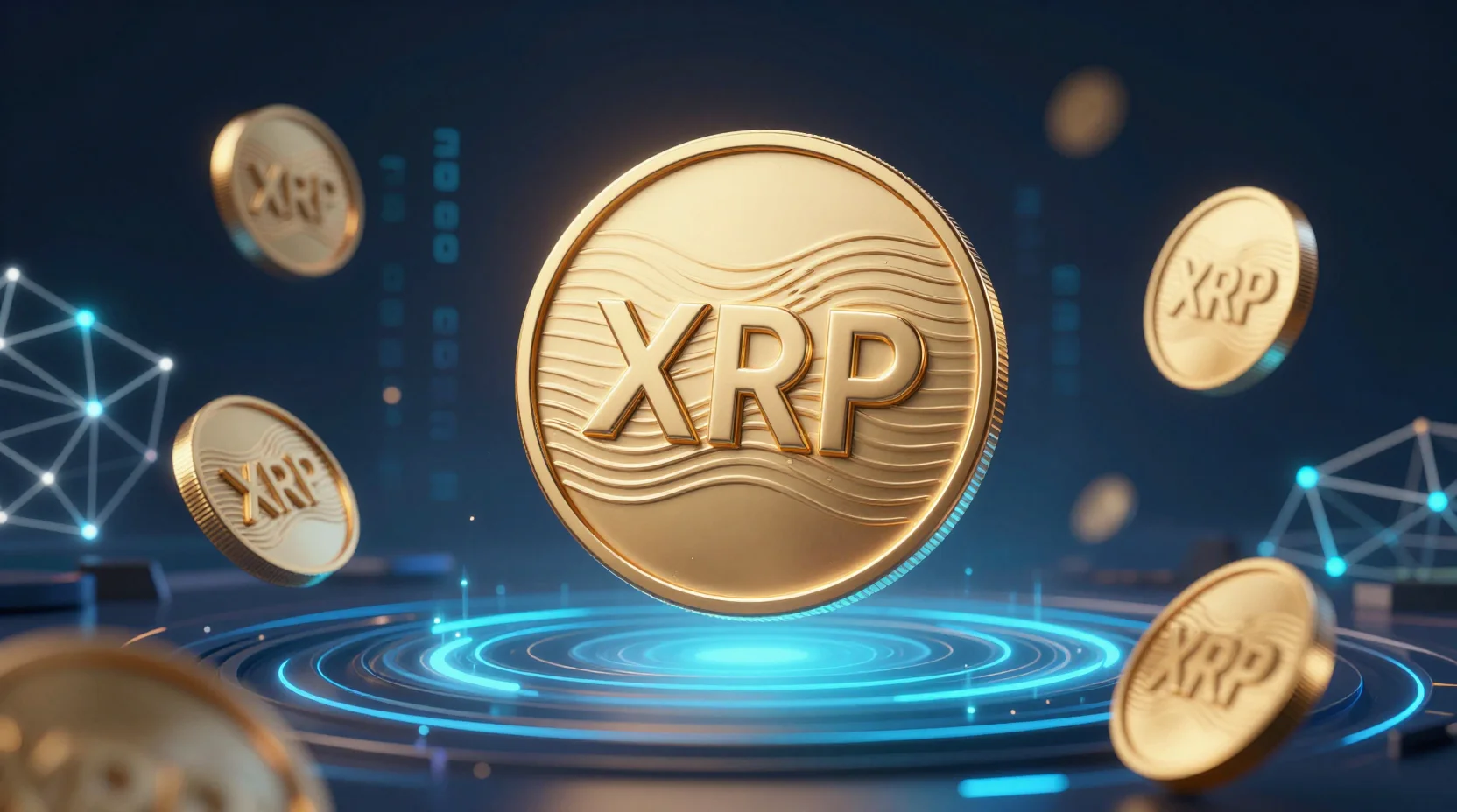 XRP cryptocurrency in a futuristic digital landscape with blockchain network