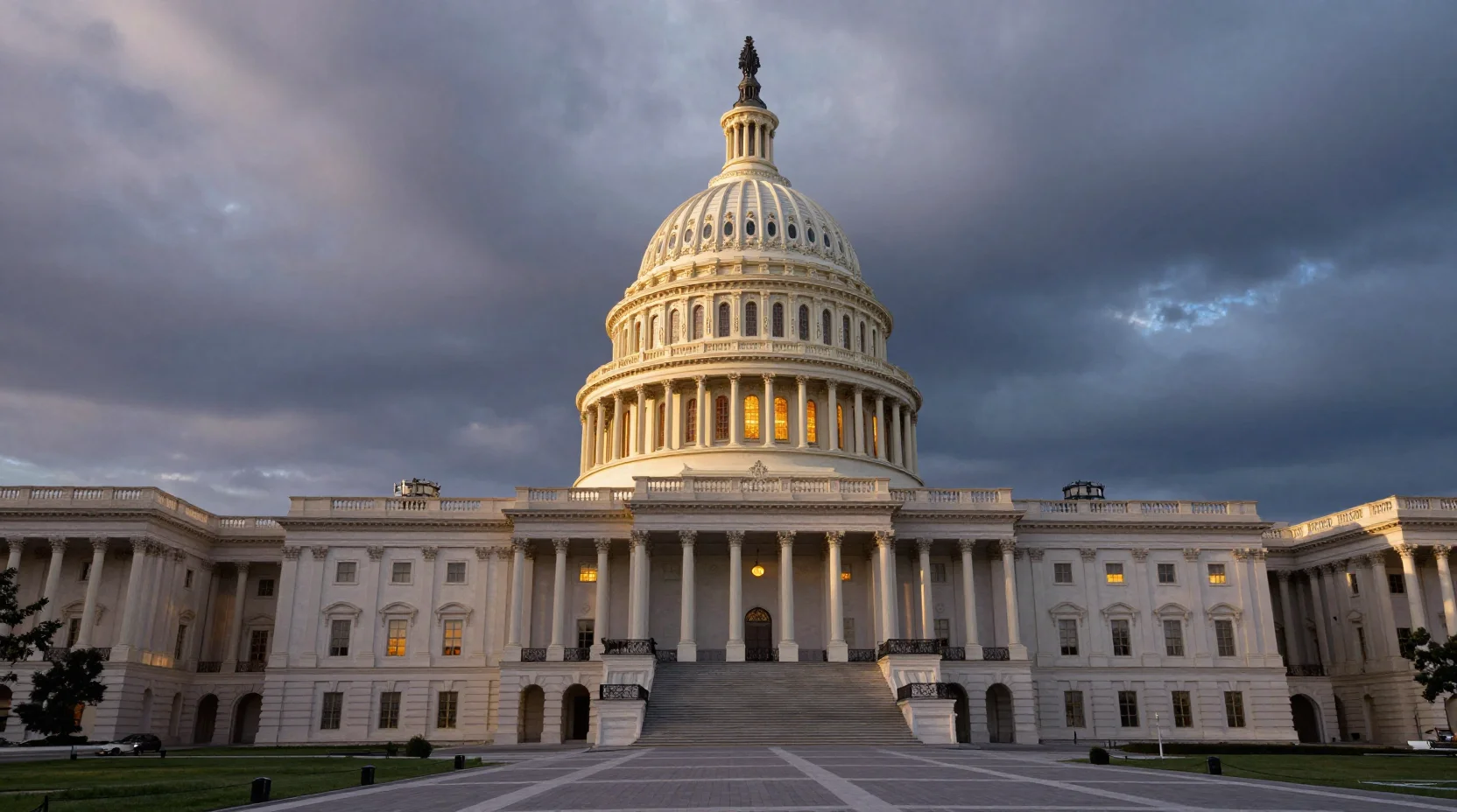 The United States Capitol building at twilight with dramatic clouds conveying institutional gravity and approaching uncertainty