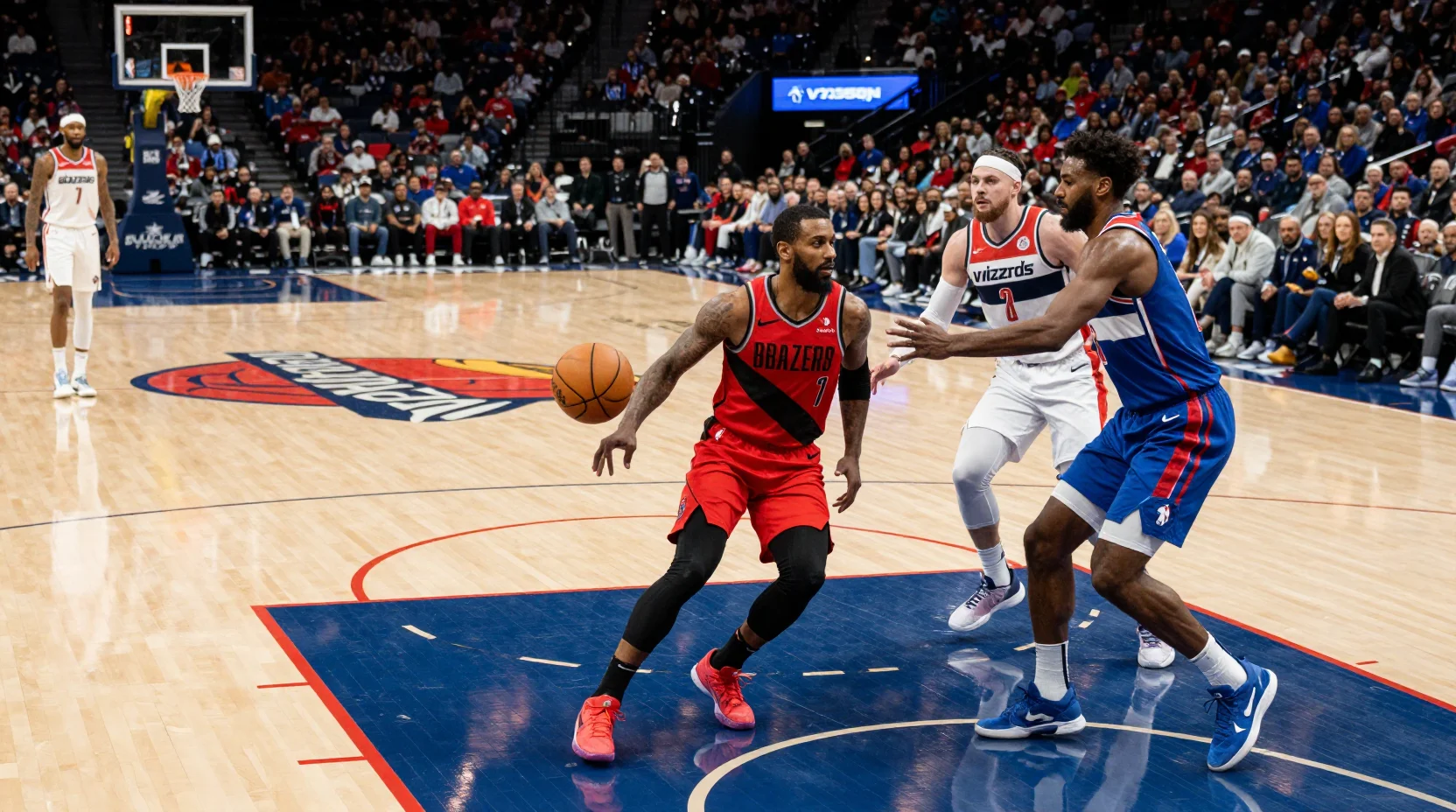 NBA game action scene with Trail Blazers driving toward the basket against the Wizards defense