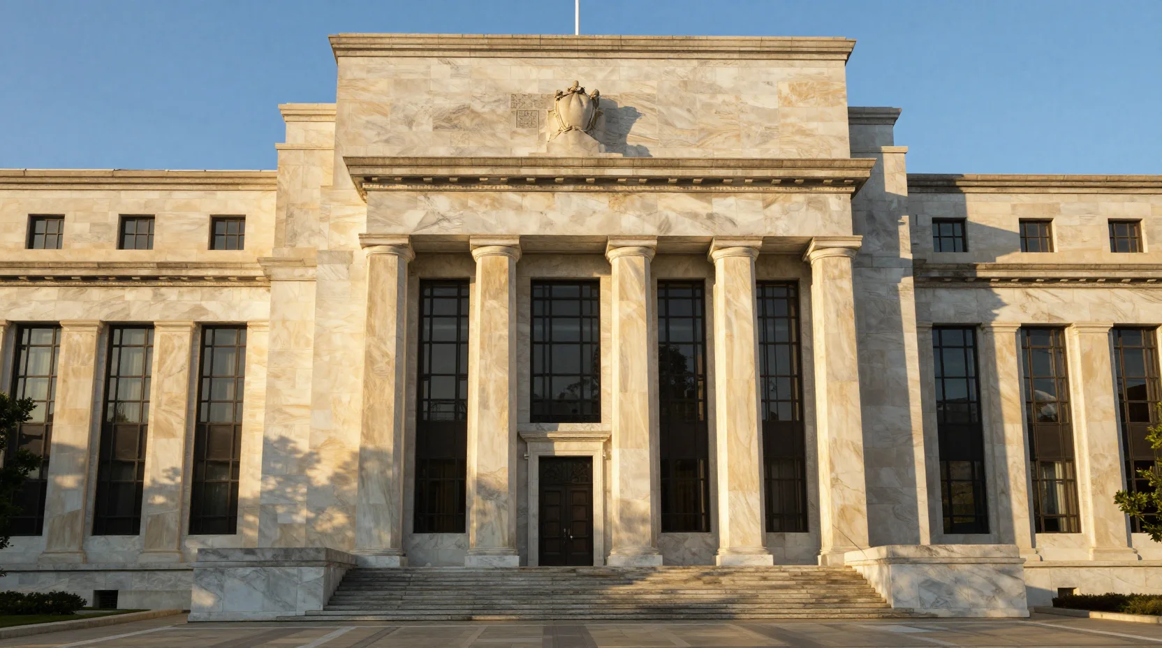 The Federal Reserve building in Washington D.C. at golden hour, representing institutional gravitas and the weight of monetary policy decisions