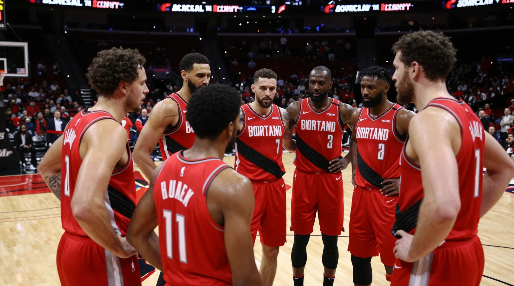 Dramatic basketball arena scene showing Trail Blazers and Wizards facing contrasting injury challenges