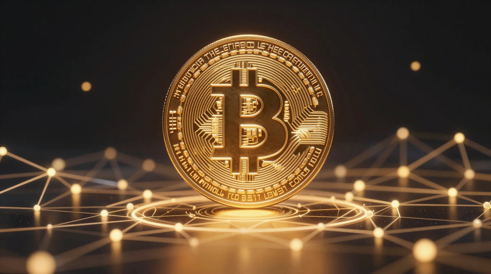 Bitcoin market analysis visualization showing golden coin amid blockchain network