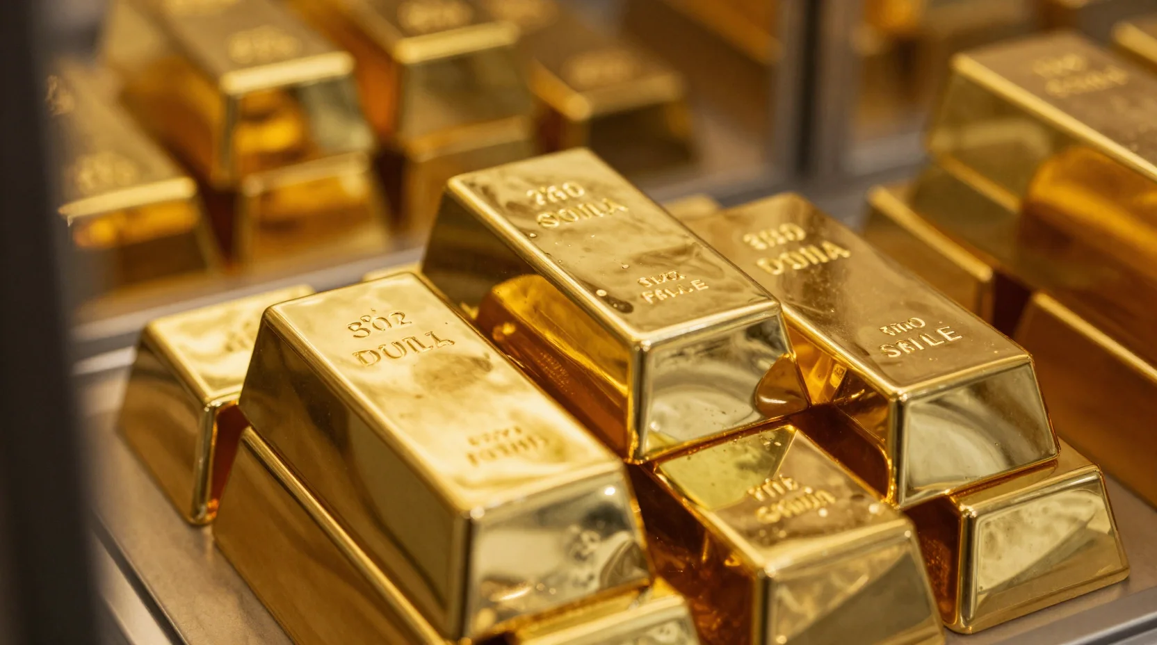 Gold bullion bars in secure vault with digital market displays