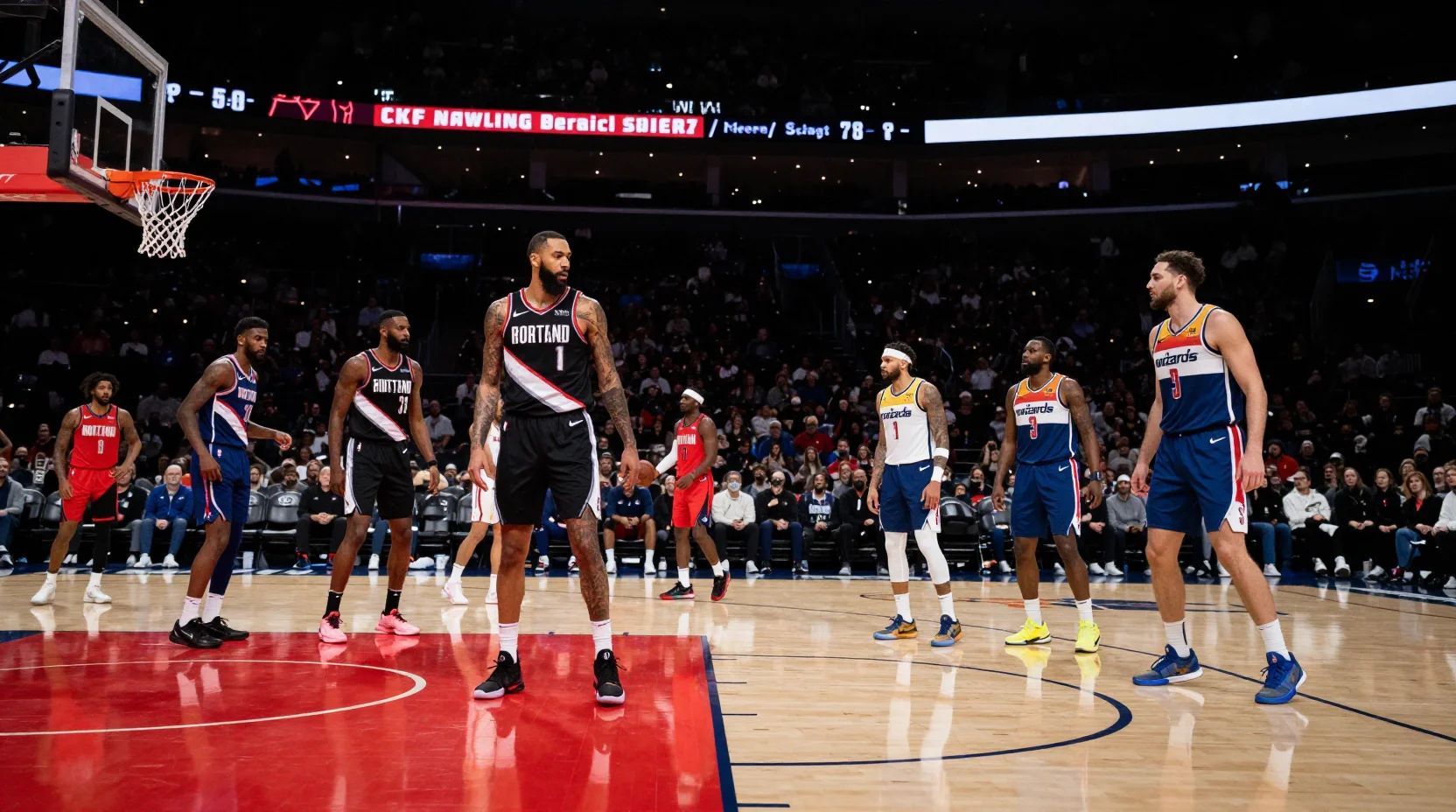 NBA basketball arena scene showing Portland Trail Blazers and Washington Wizards warming up before their January 27, 2026 matchup