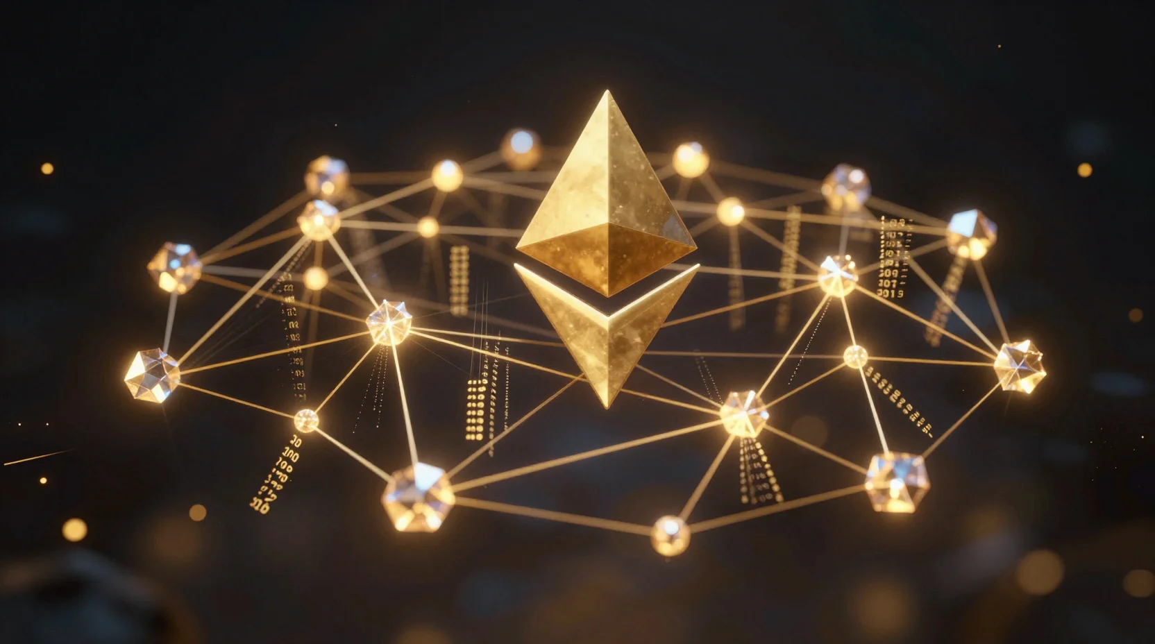Ethereum blockchain network visualization showing crystalline nodes connected by streams of golden light, representing quantum resistance development and technological innovation