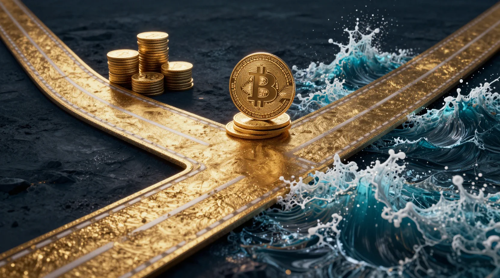 Visual representation of Solana at a market crossroads between traditional assets and cryptocurrency volatility