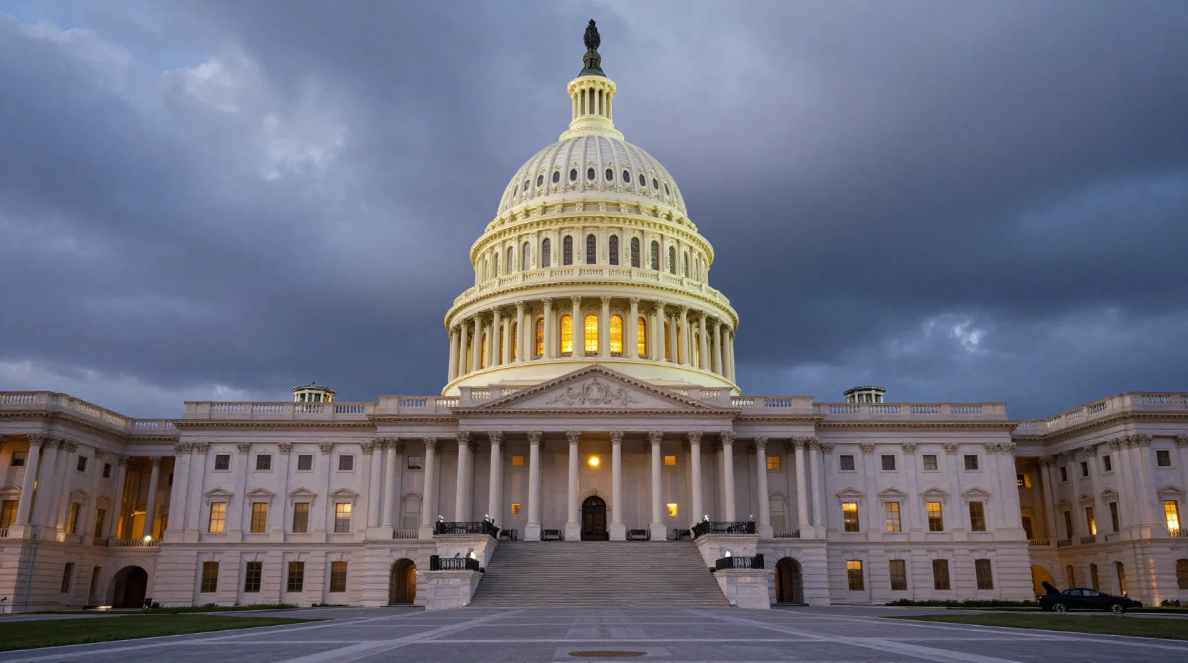 The United States Capitol building at dusk with dramatic storm clouds gathering overhead, symbolizing the approaching government shutdown deadline