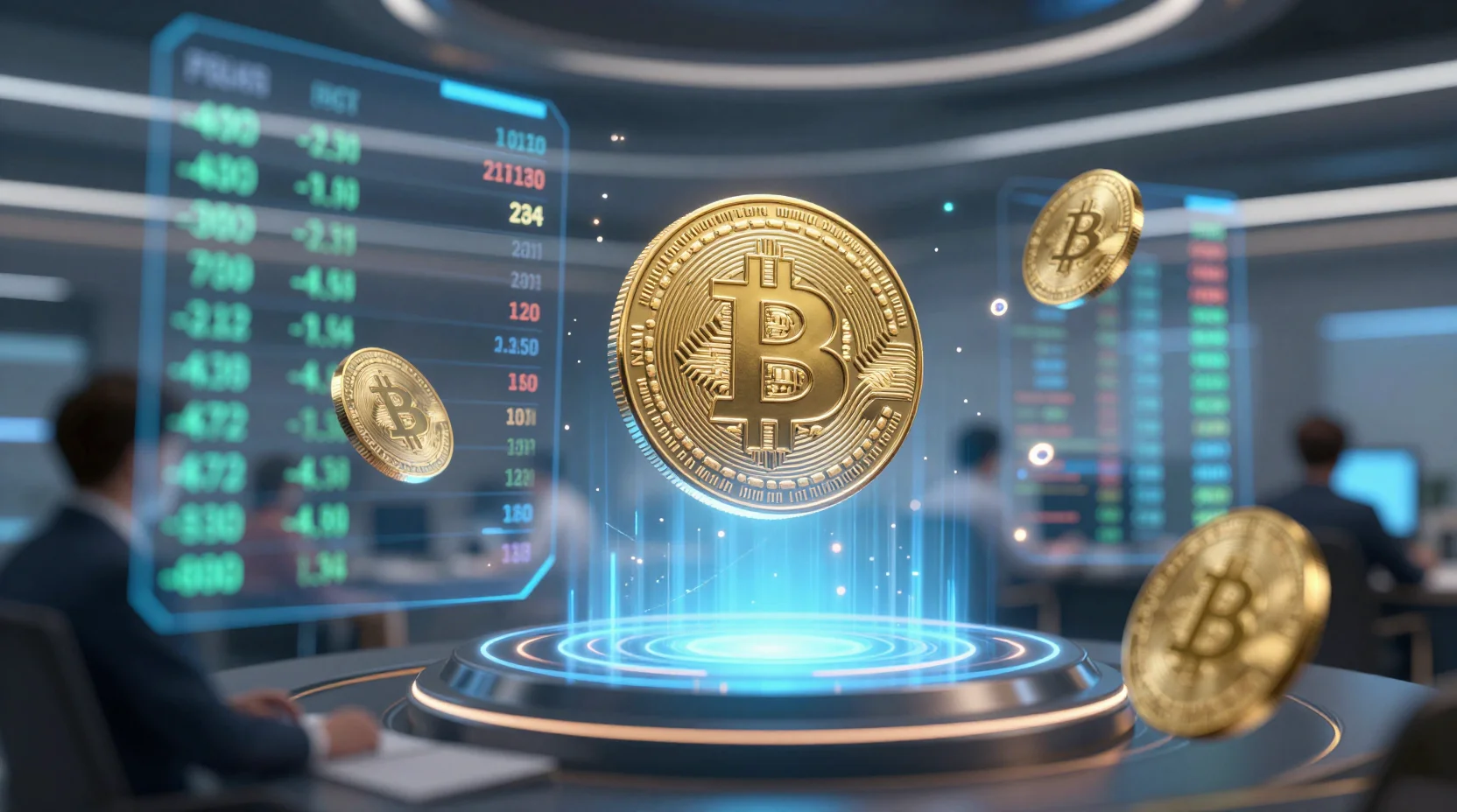 Digital trading floor visualization with holographic cryptocurrency tokens