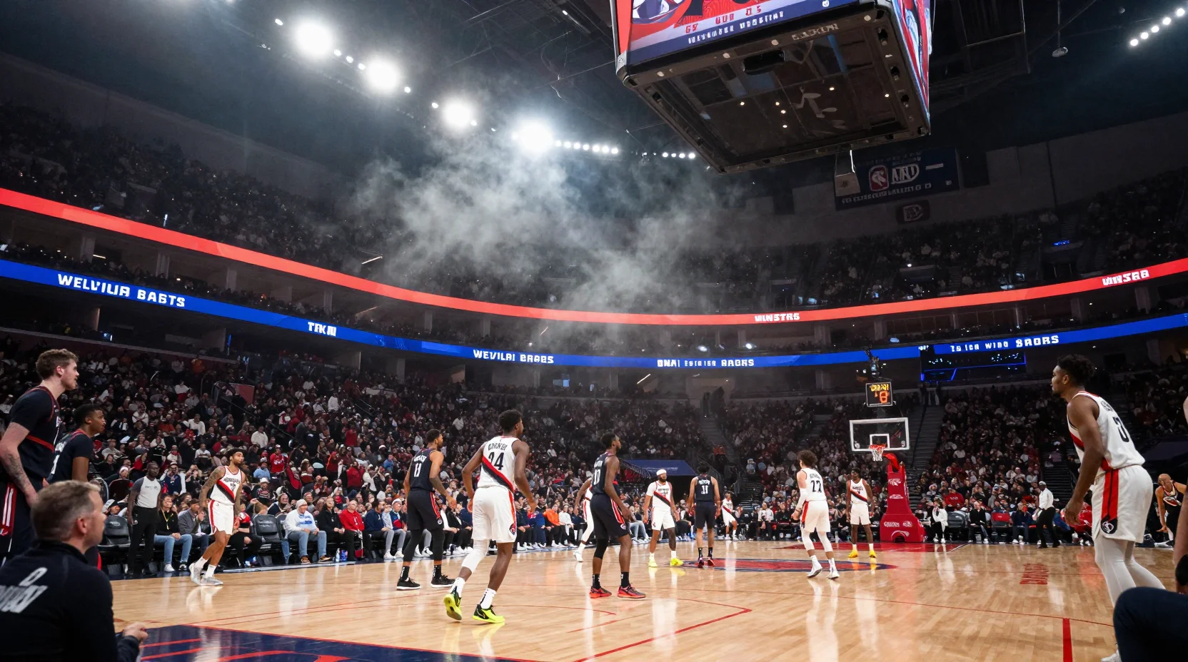 NBA game scene showing intense competition between Trail Blazers and Wizards
