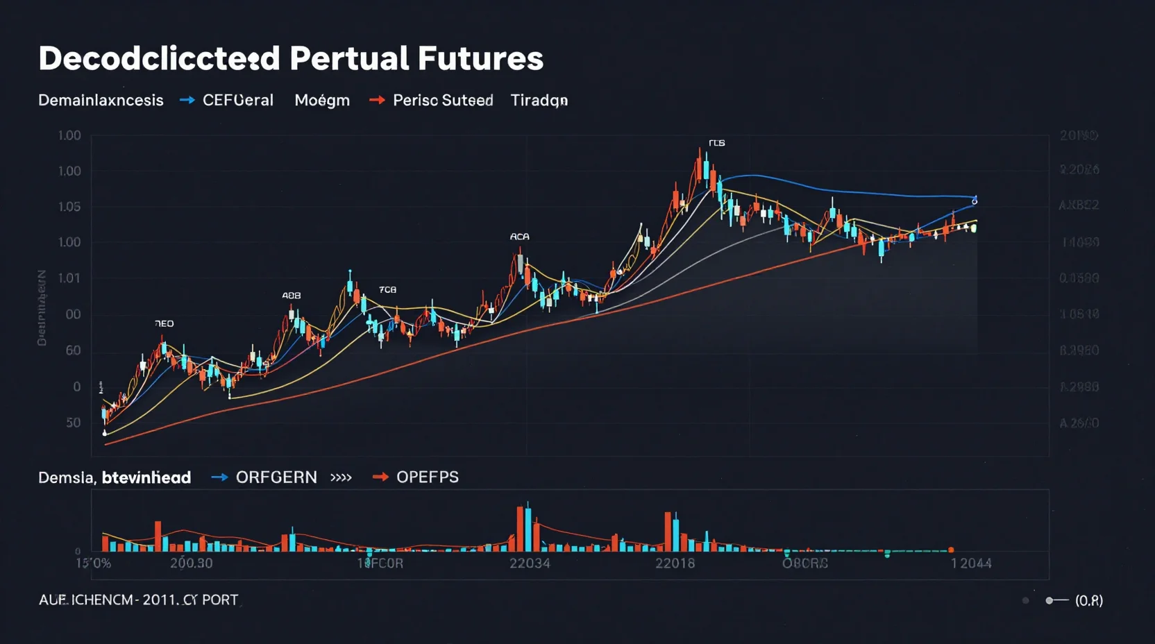 Visualization of decentralized perpetual futures trading network with golden tokens flowing through digital pathways