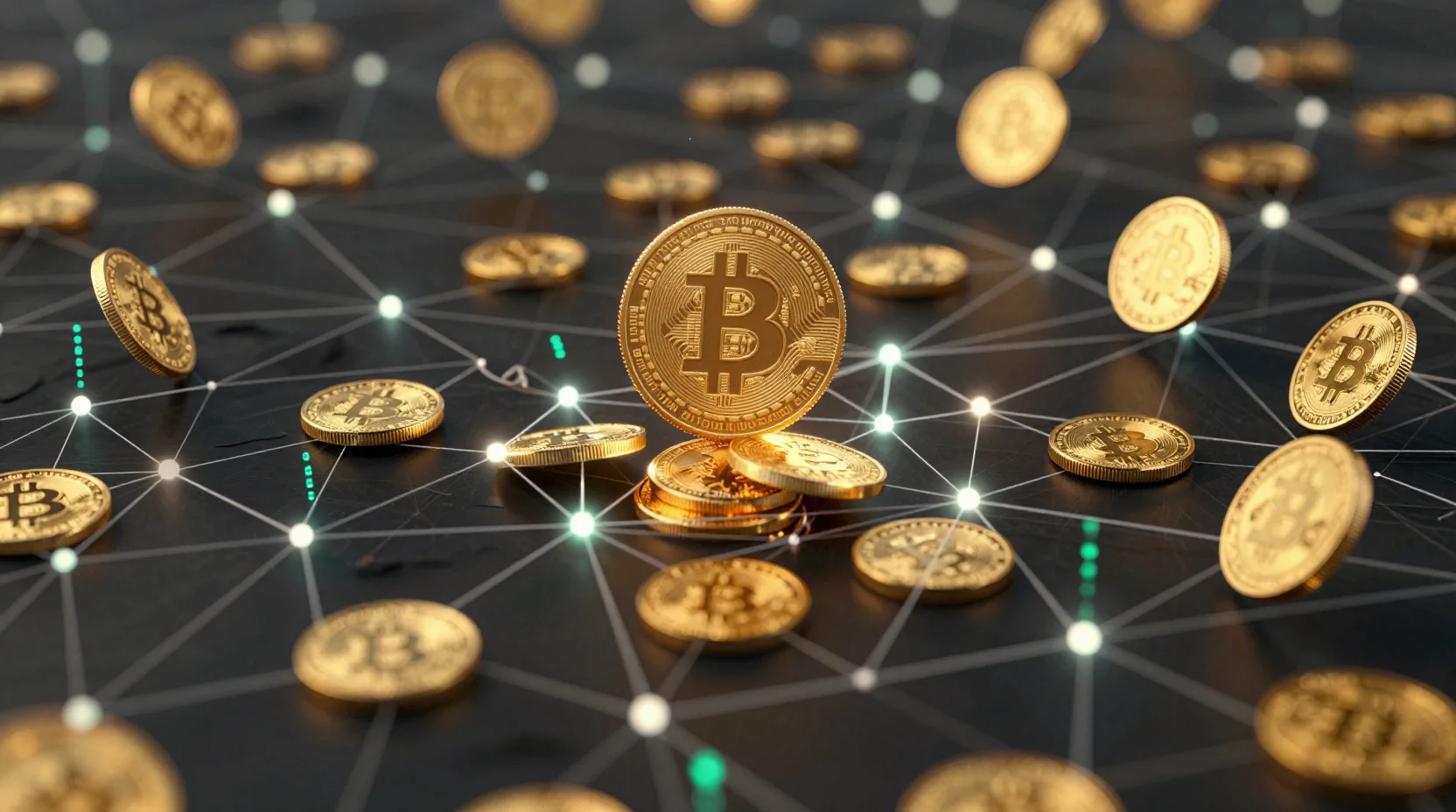 Digital landscape with golden Bitcoin coins floating among interconnected blockchain nodes, representing cryptocurrency market dynamics