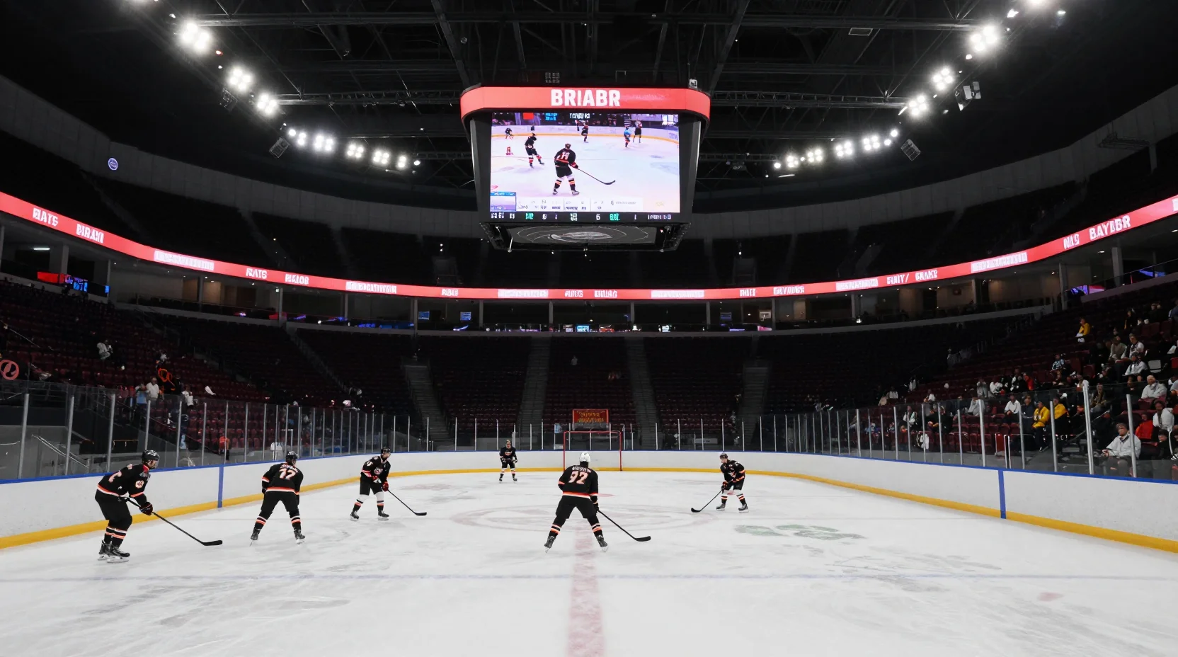 Dramatic ice hockey arena action shot with Utah Hockey Club player driving toward goal