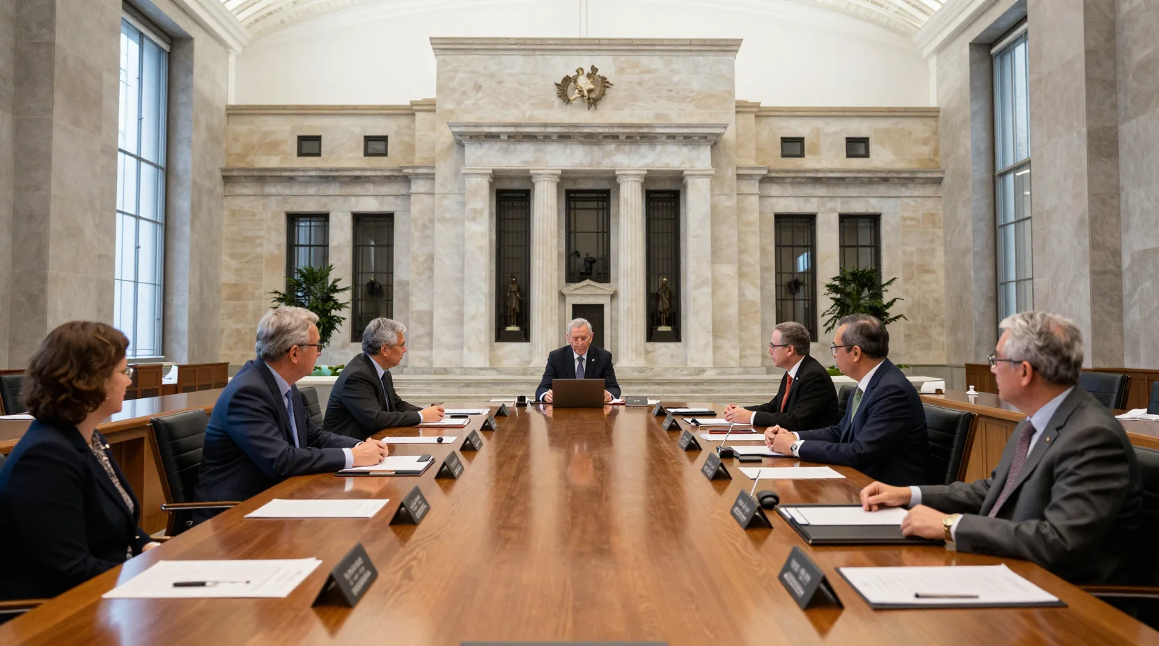 Federal Reserve boardroom scene illustrating the calm deliberation of monetary policy decisions