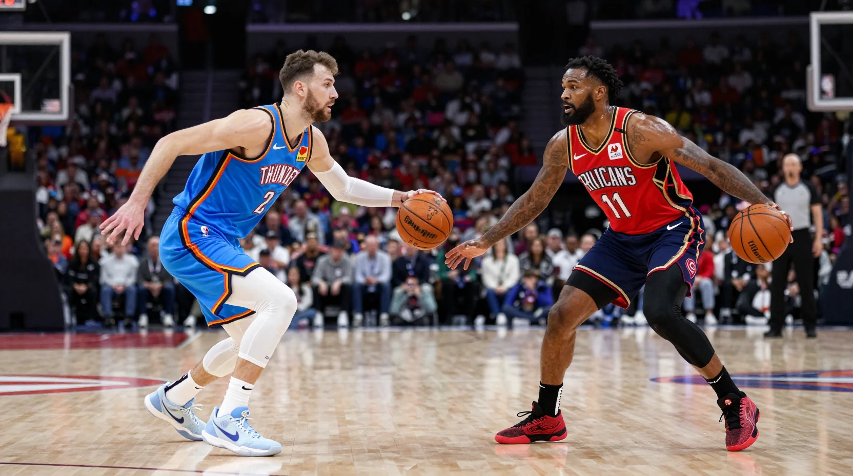 Intense NBA game scene with Thunder and Pelicans players in action