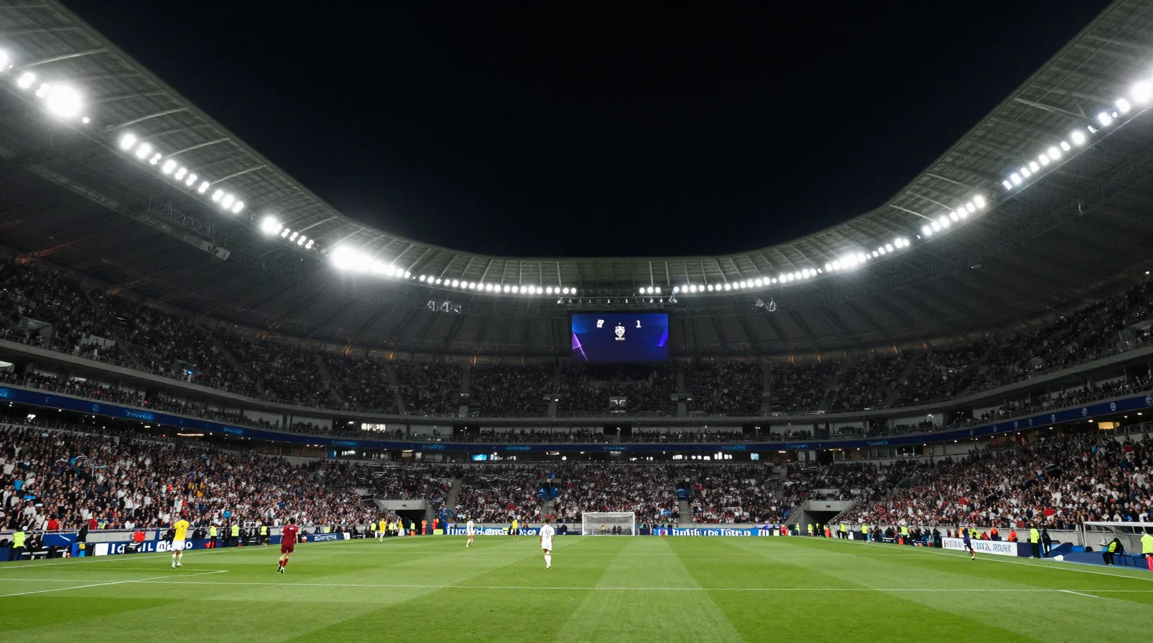 Dramatic Champions League match scene at Estádio da Luz with floodlights piercing through evening mist