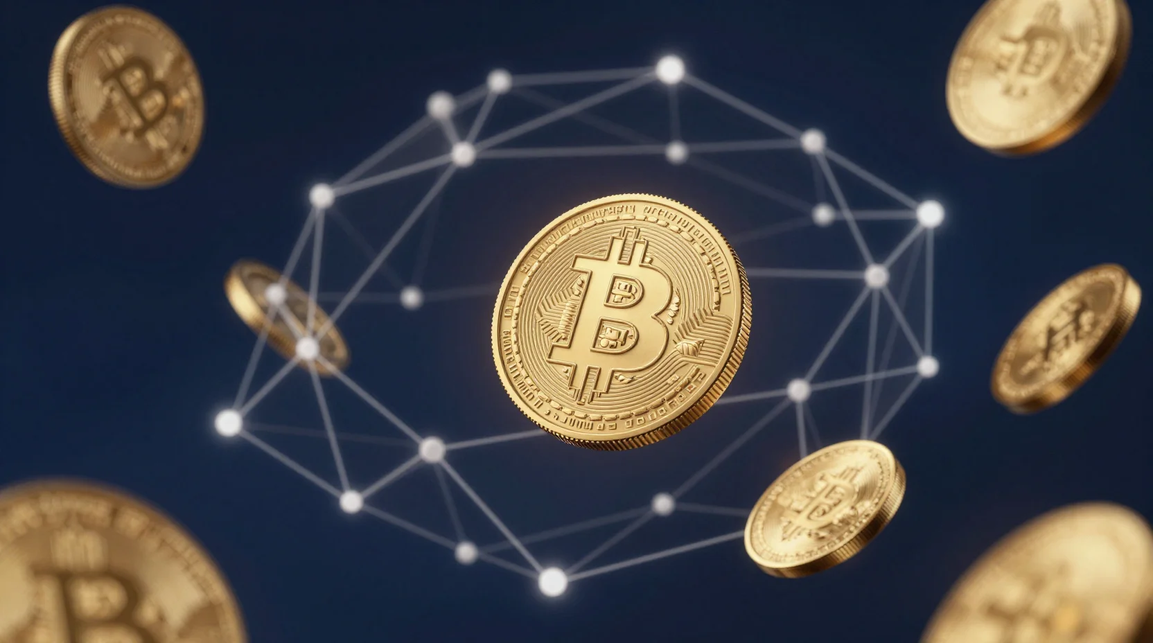 Futuristic blockchain visualization with golden tokens and network nodes representing Zama's privacy-focused cryptocurrency