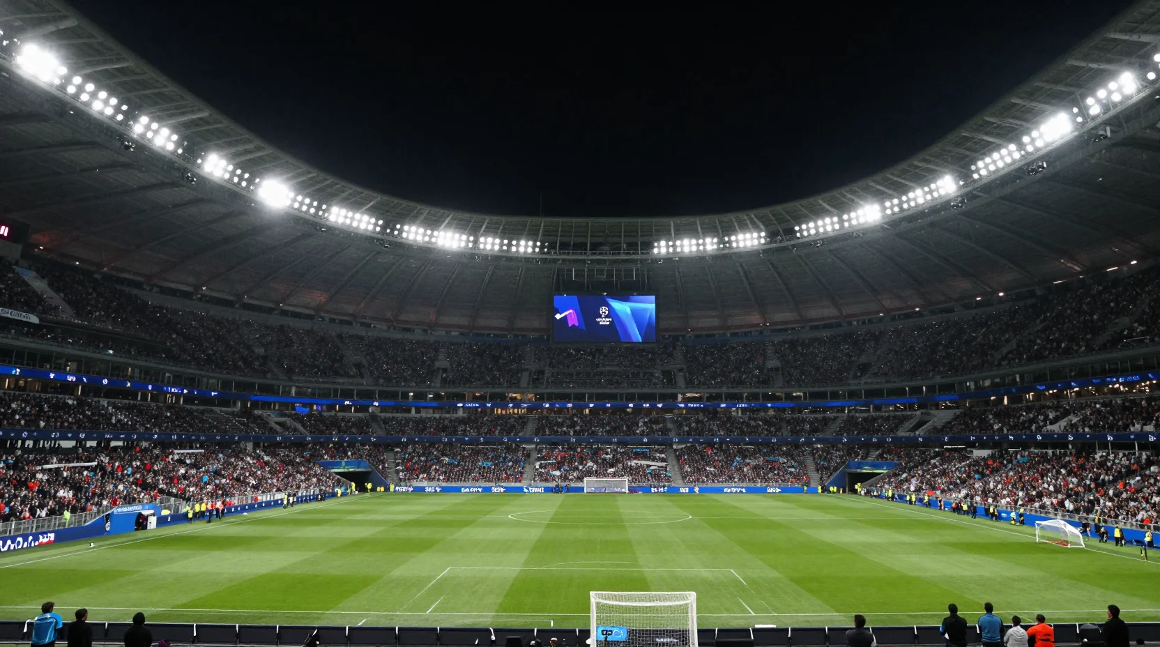 Champions League stadium night scene under floodlights