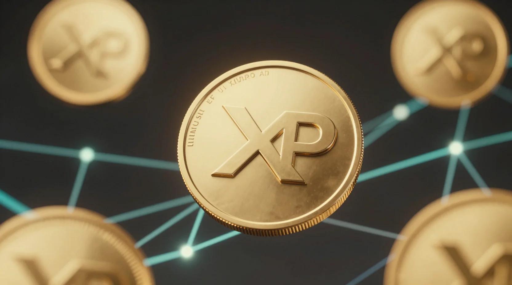 Golden XRP tokens interconnected by blockchain pathways in digital space