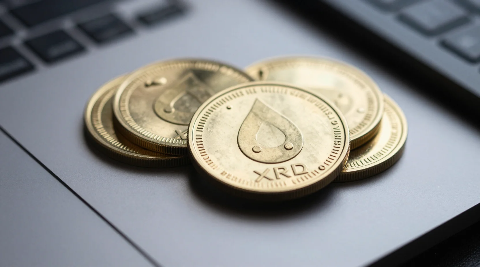 XRP cryptocurrency coins on a modern trading desk