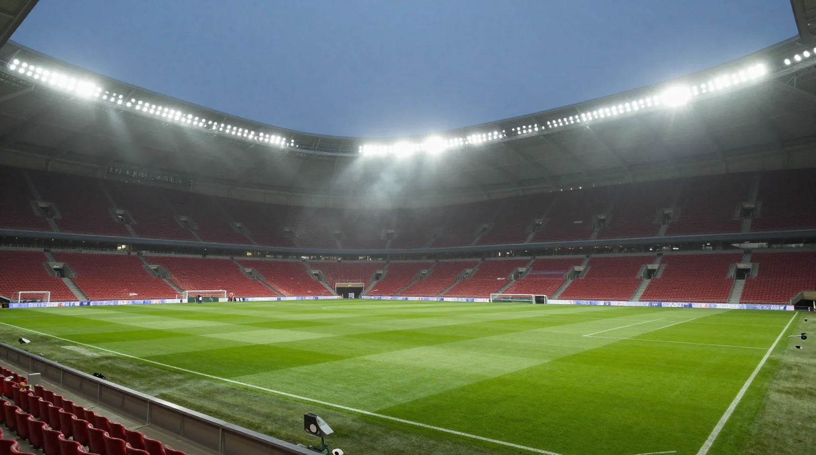 Dramatic night scene at Estádio da Luz stadium with floodlights illuminating the pitch