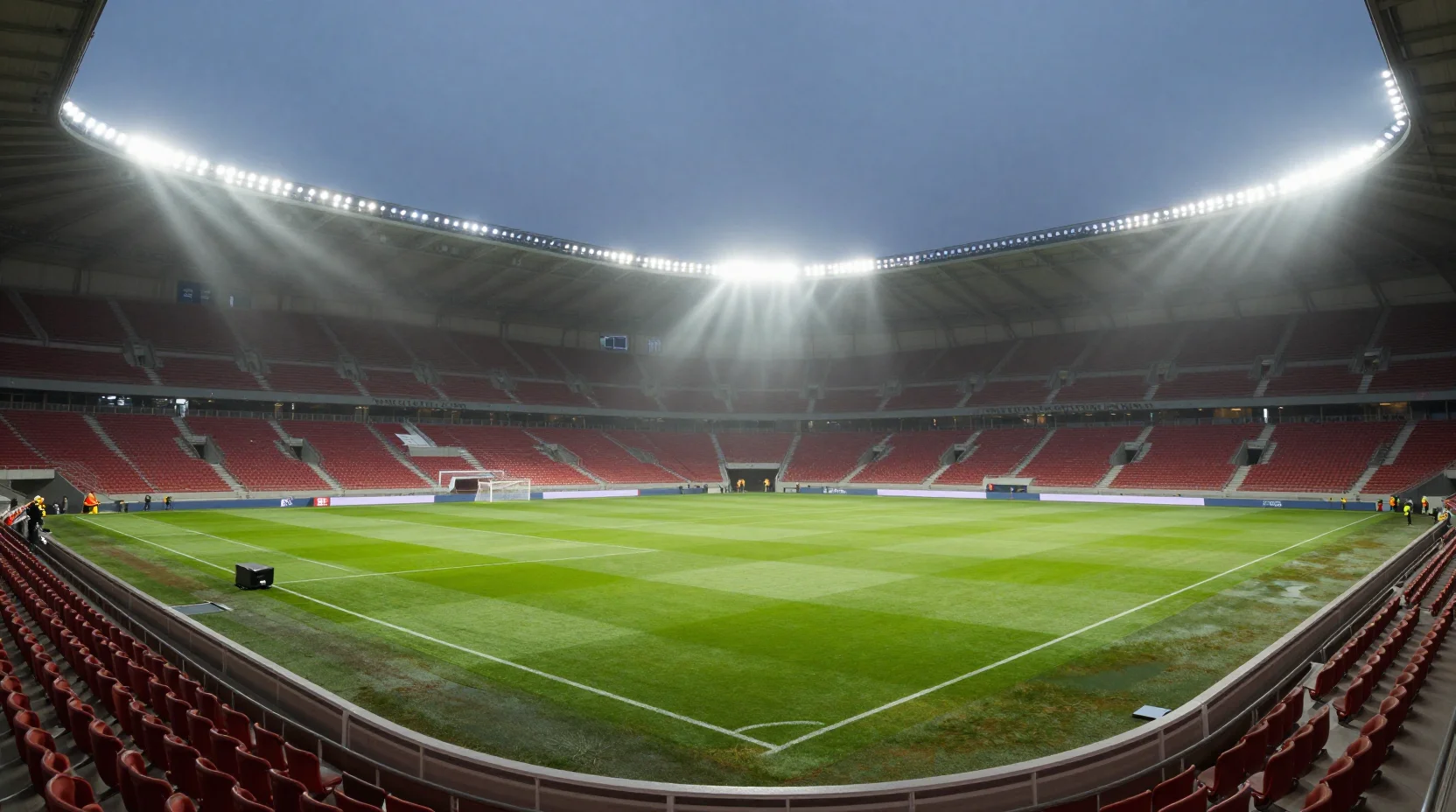 Dramatic night scene at Estádio da Luz stadium with floodlights illuminating the pitch