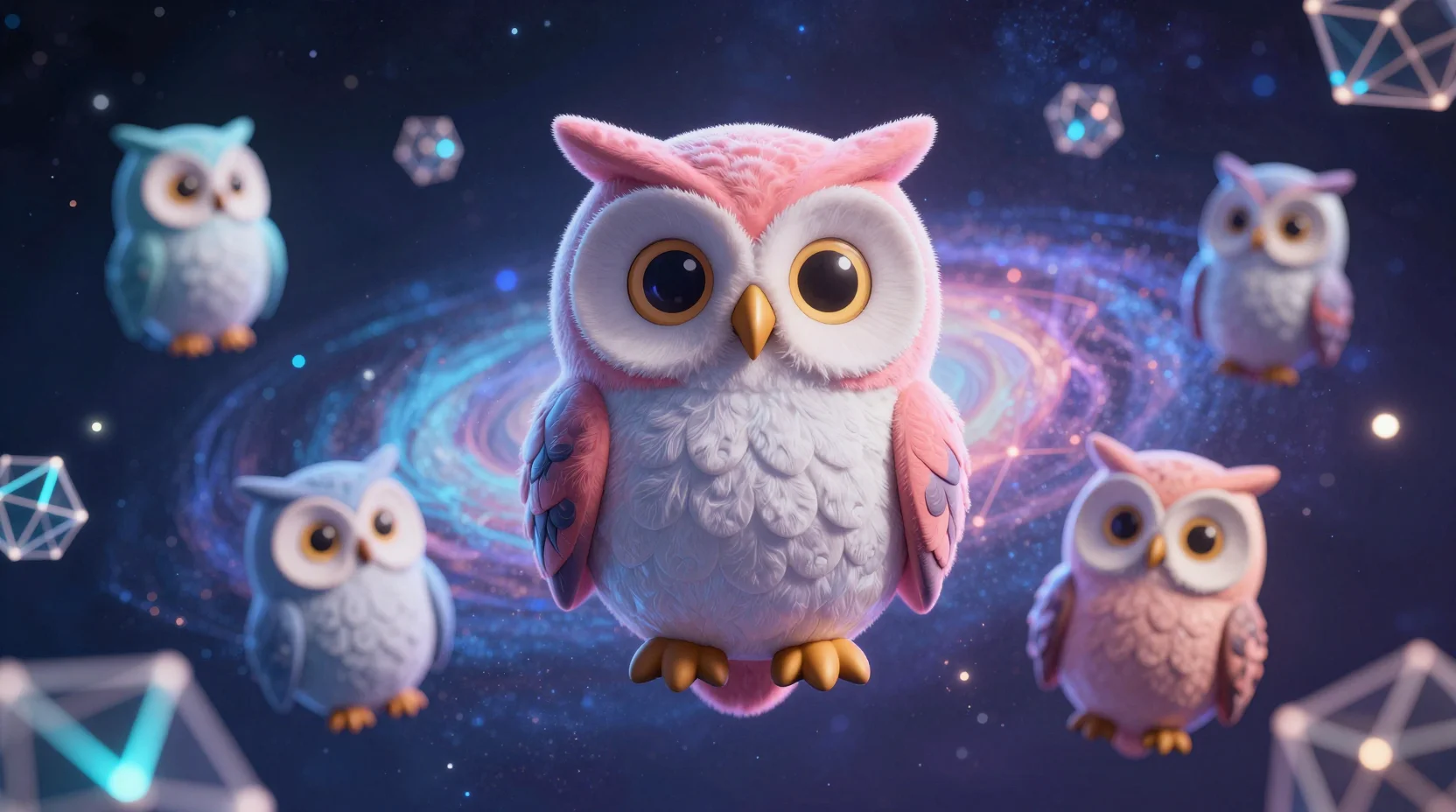 Digital dreamscape with owl-shaped NFT collectibles floating in a cosmic blockchain network, visualization of FDV dynamics